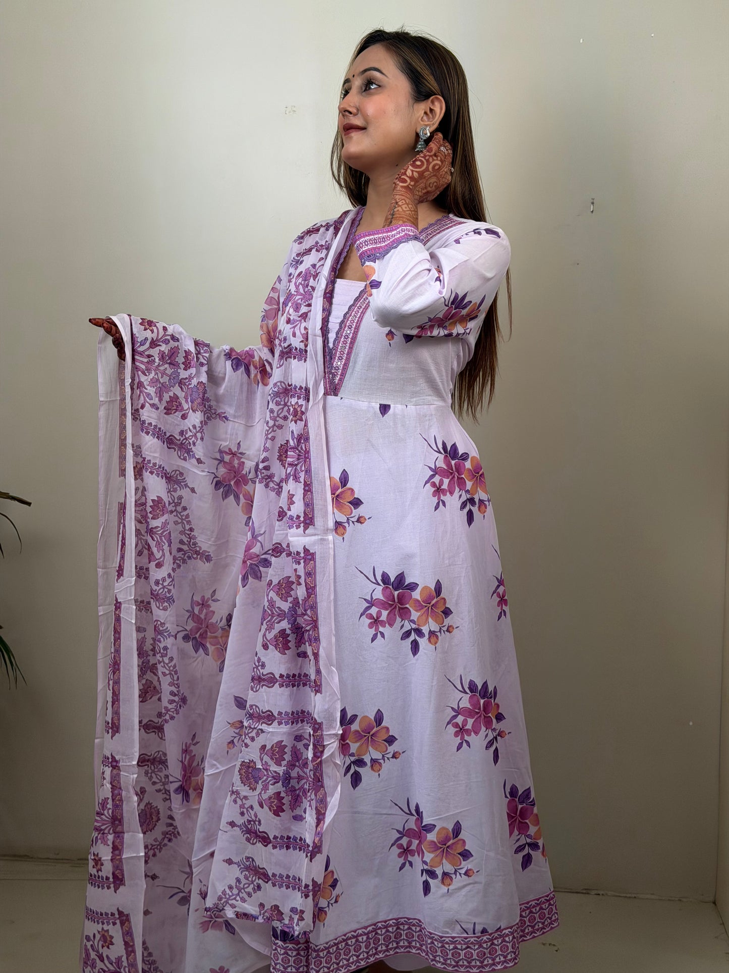Lavender Floral Cotton Kurta Set with Printed Dupatta