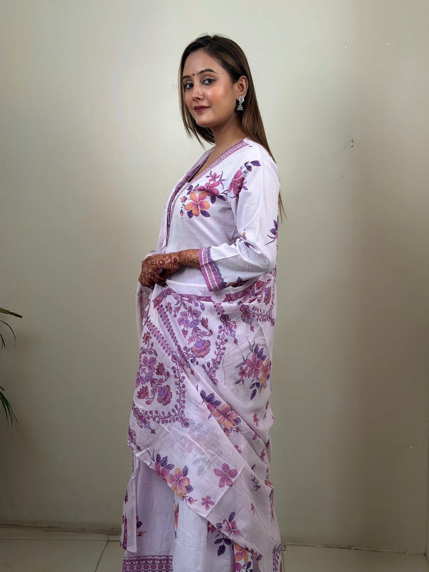 Lavender Floral Cotton Kurta Set with Printed Dupatta