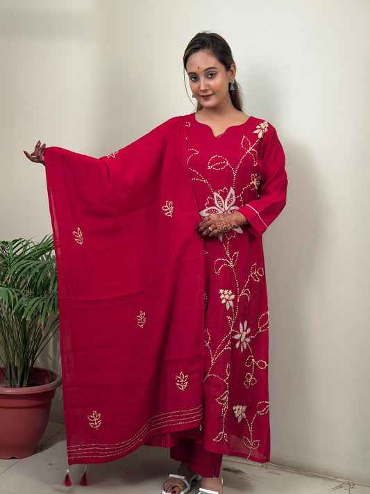 Maroon Floral Embroidered Kurta Set with Dupatta
