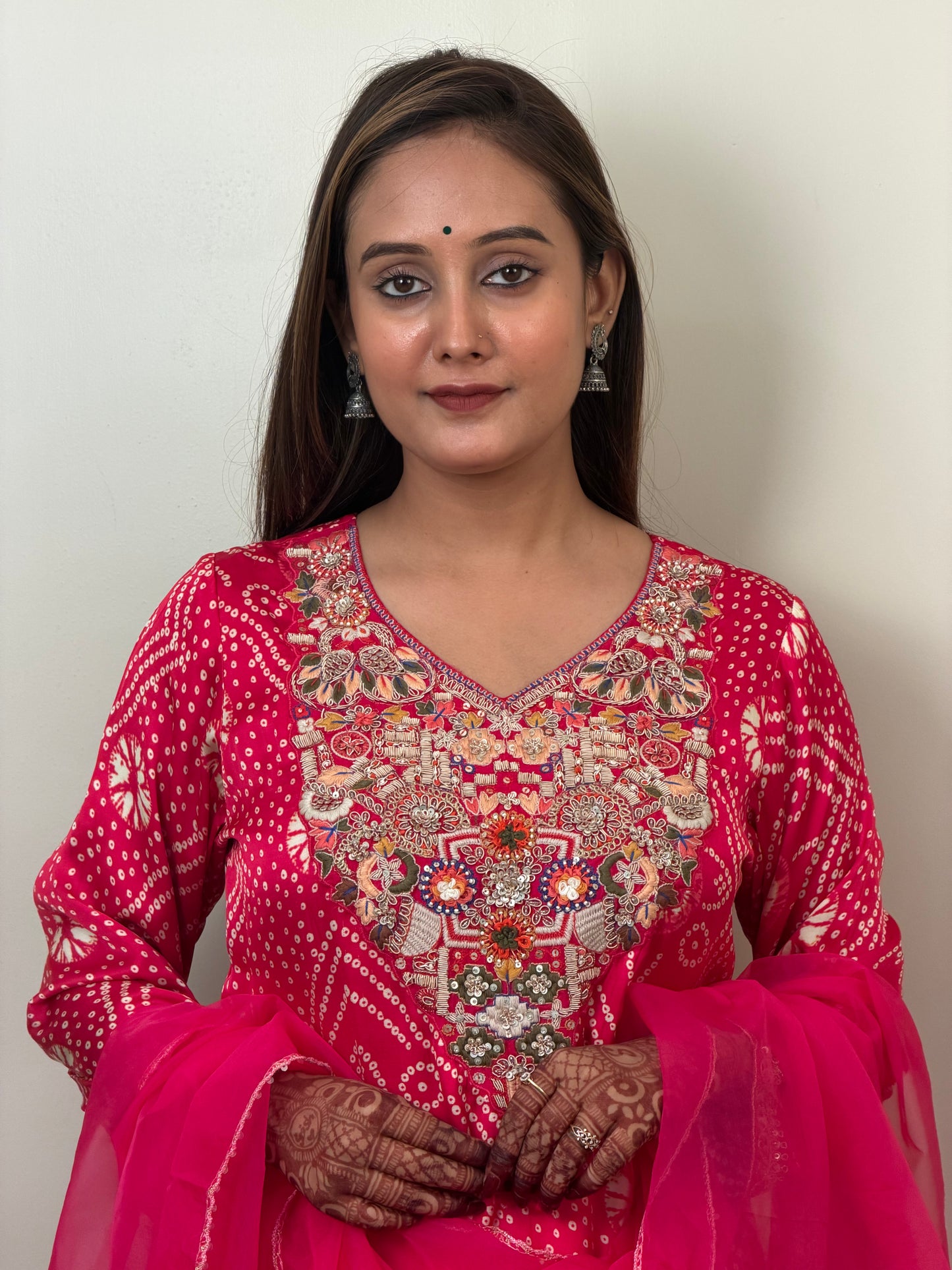 Reddish Pink Bandhani Gajji Silk Kurta Set with Designer Dupatta
