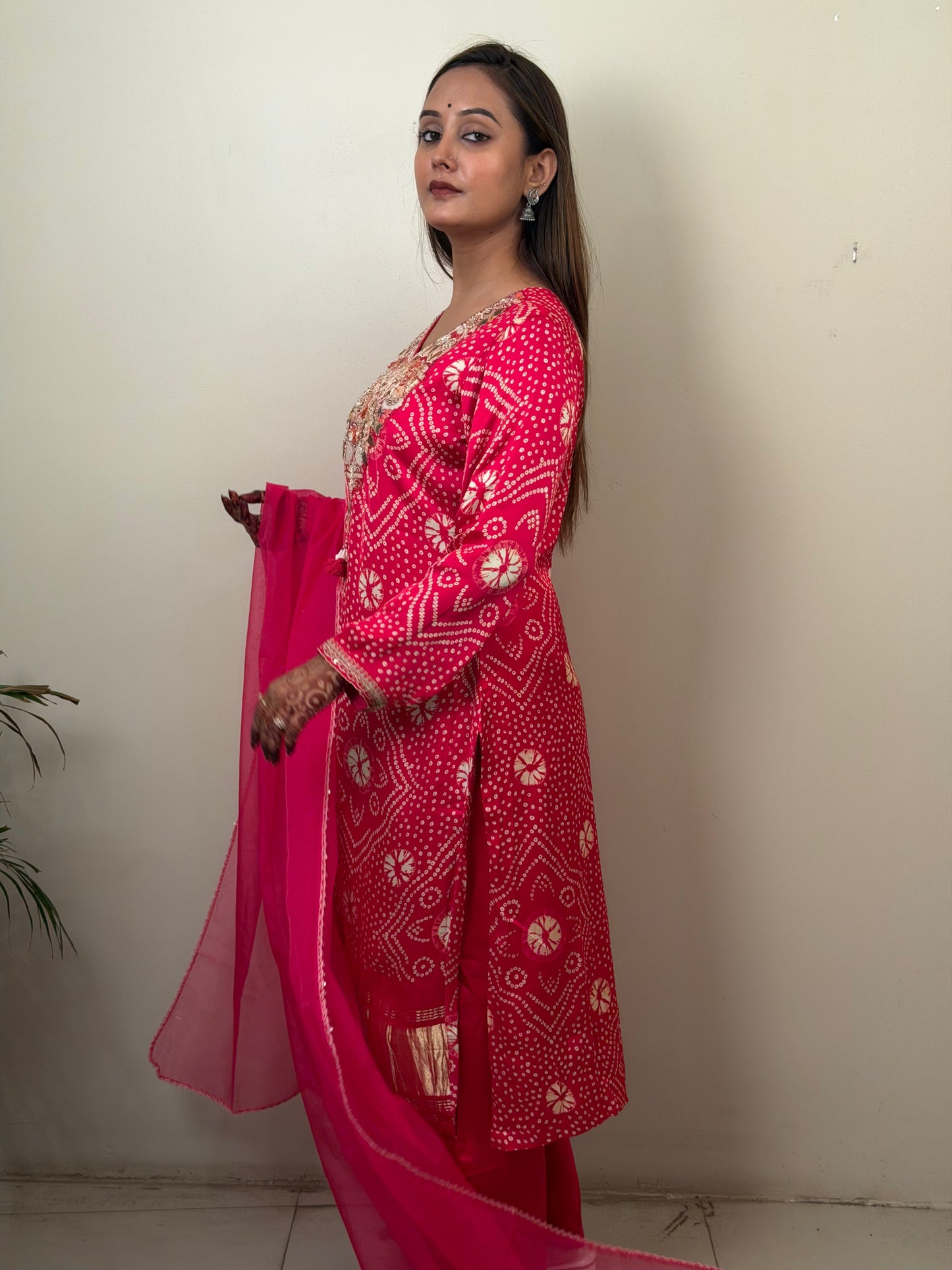 Reddish Pink Bandhani Gajji Silk Kurta Set with Designer Dupatta