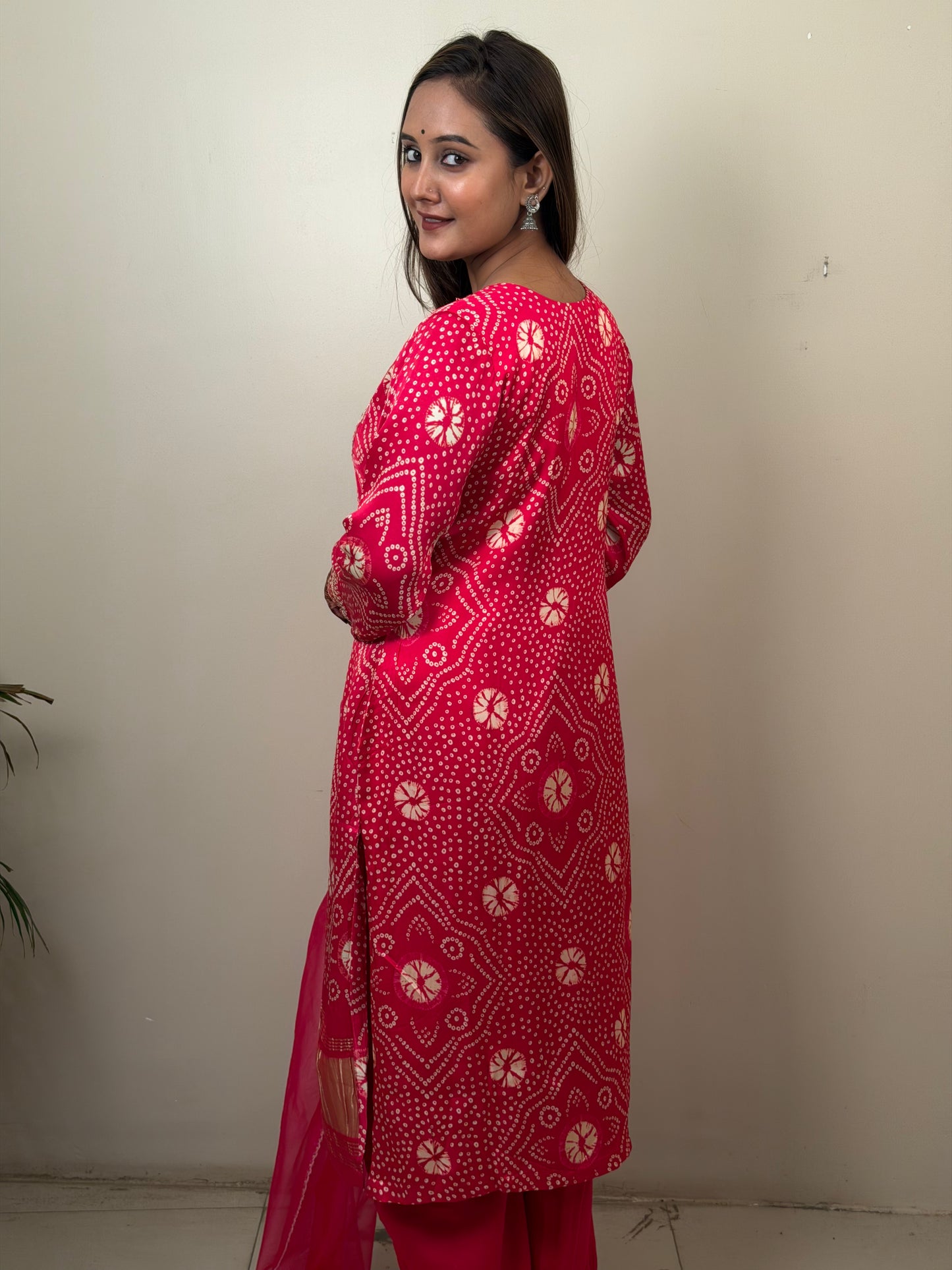Reddish Pink Bandhani Gajji Silk Kurta Set with Designer Dupatta