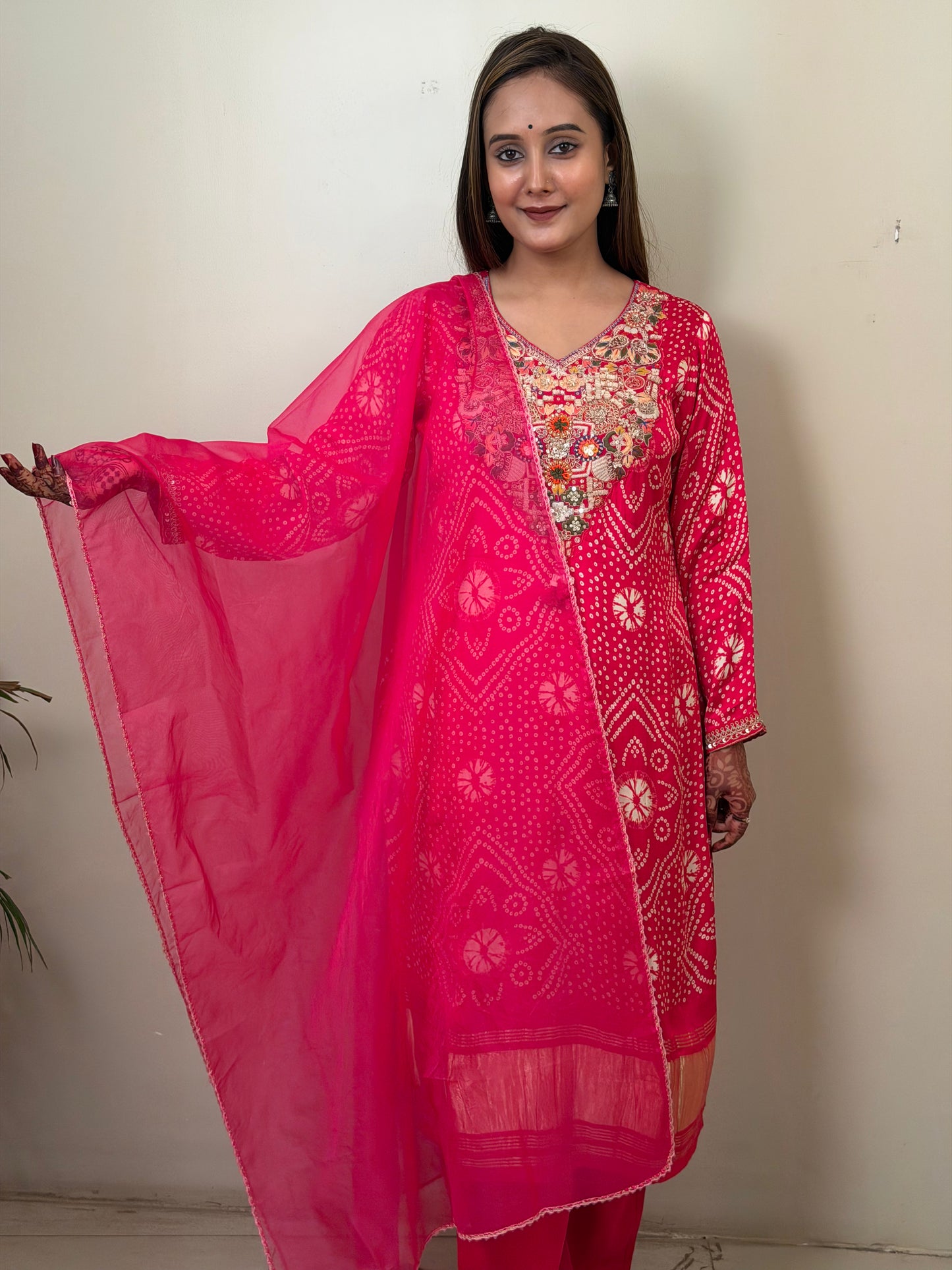 Reddish Pink Bandhani Gajji Silk Kurta Set with Designer Dupatta