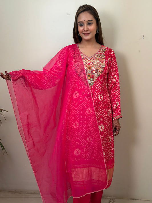 Reddish Pink Bandhani Gajji Silk Kurta Set with Designer Dupatta