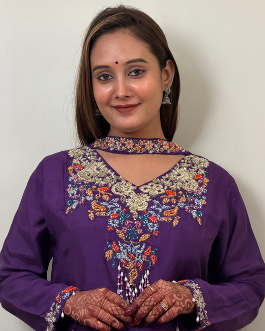 Purple Dola Silk Handwork Kurta Set with Designer Dupatta