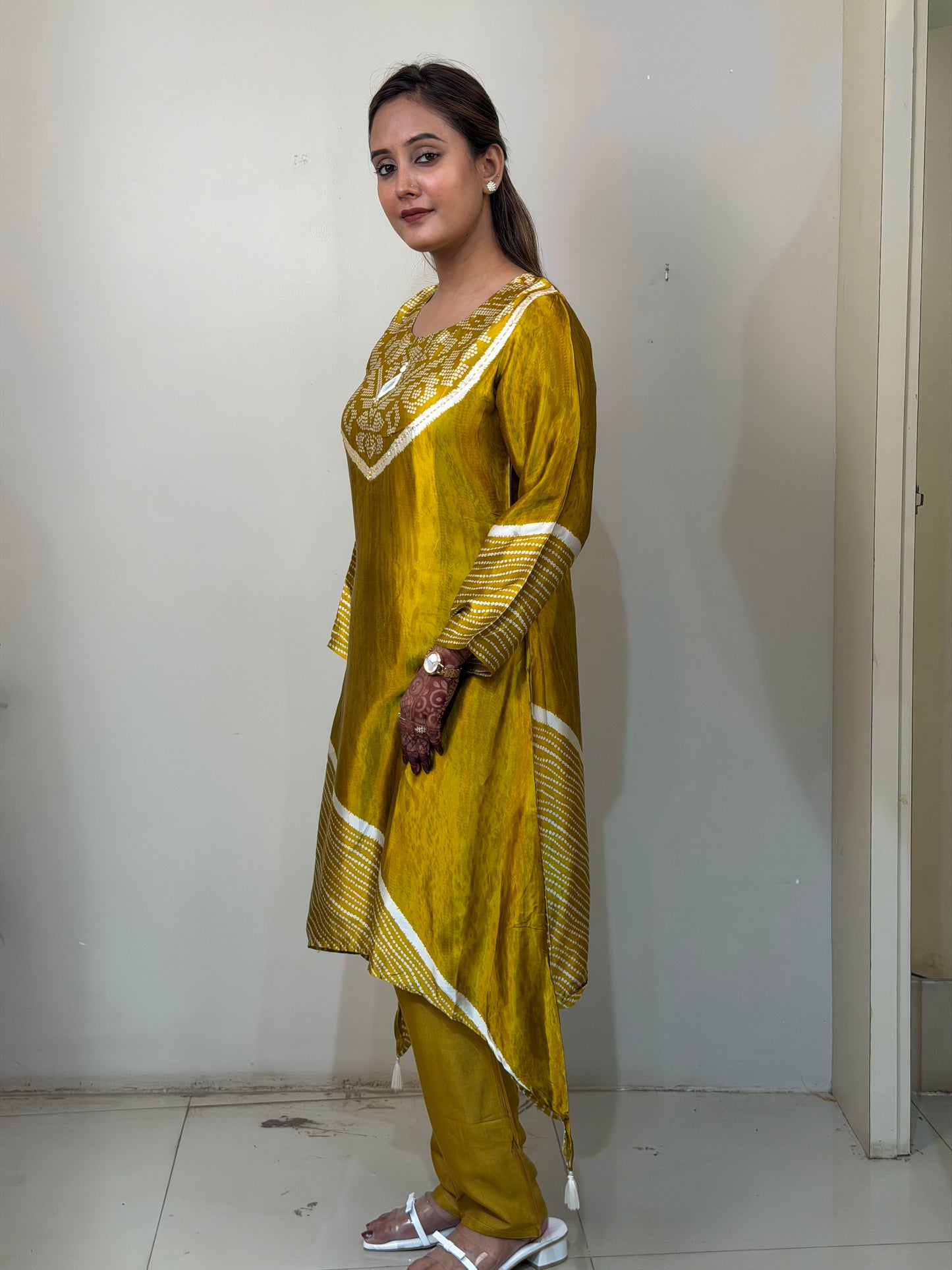 Mustard Printed Gajji Silk Kurta Set with Asymmetric Hem