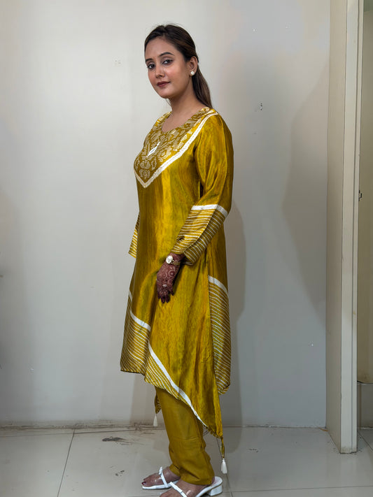 Mustard Printed Gajji Silk Kurta Set with Asymmetric Hem