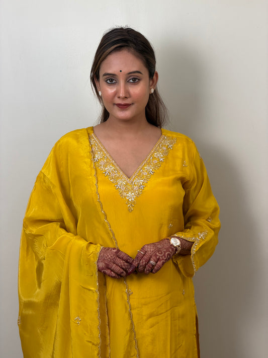 Mustard Yellow Crepe Kurta Set with Embellished Neckline & Dupatta