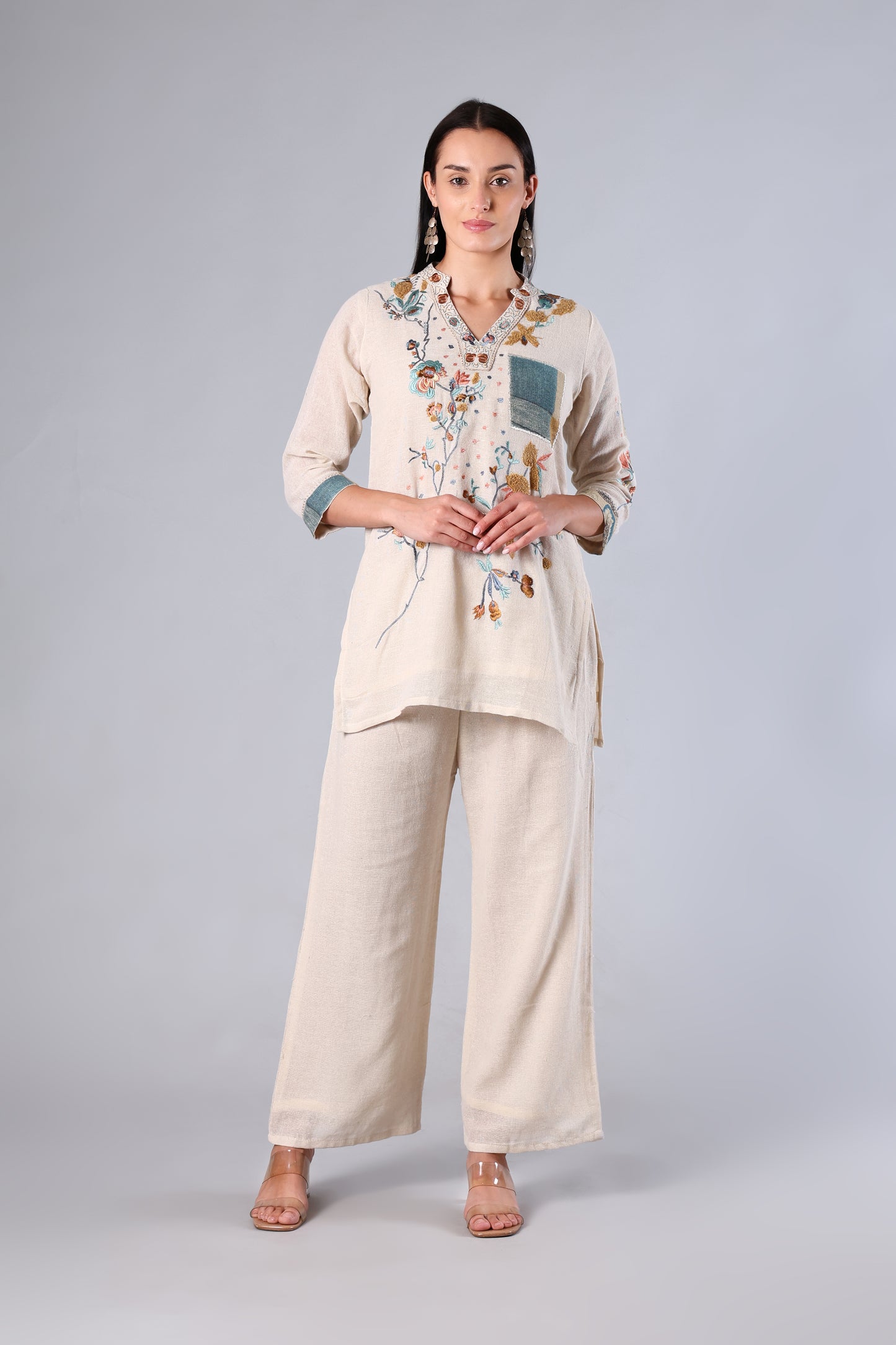 Aarunya | Off White Embroidered Jute Suit Set