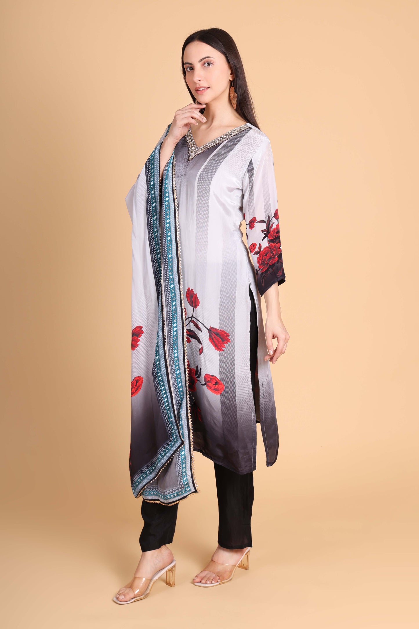 Floral Printed Crepe Kurta Set with Embroidery – Black & Red