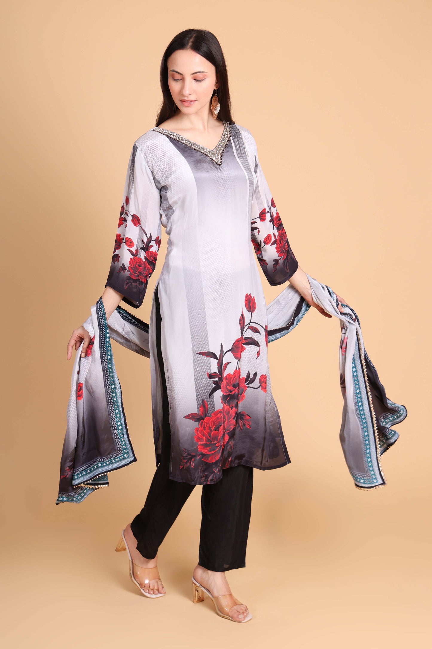 Floral Printed Crepe Kurta Set with Embroidery – Black & Red