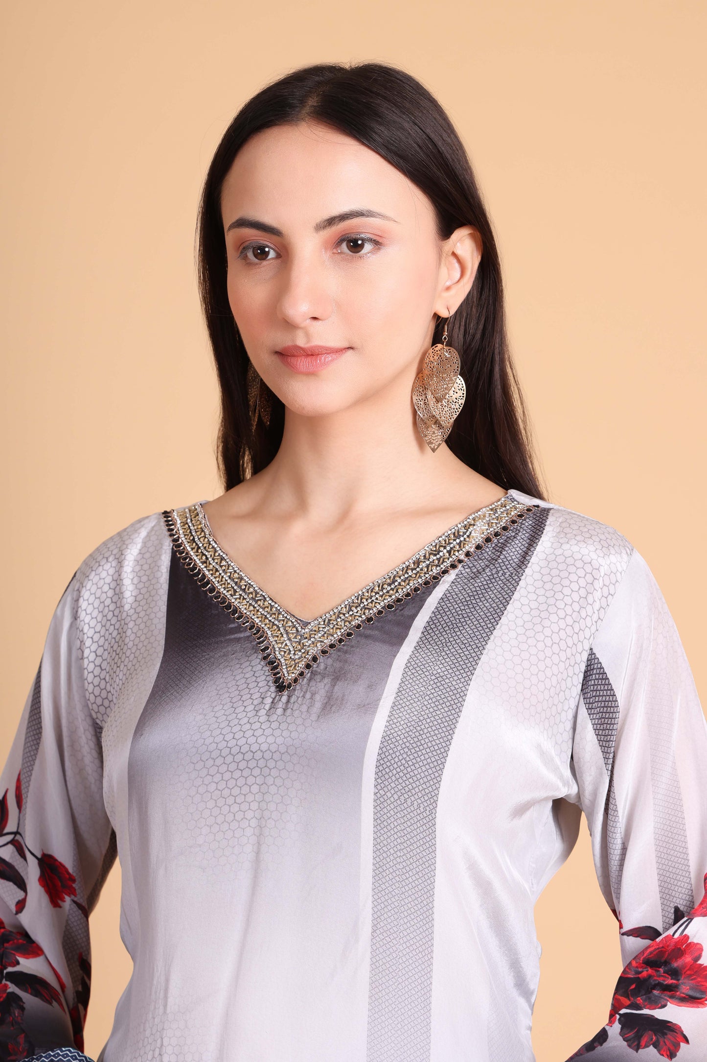 Floral Printed Crepe Kurta Set with Embroidery – Black & Red