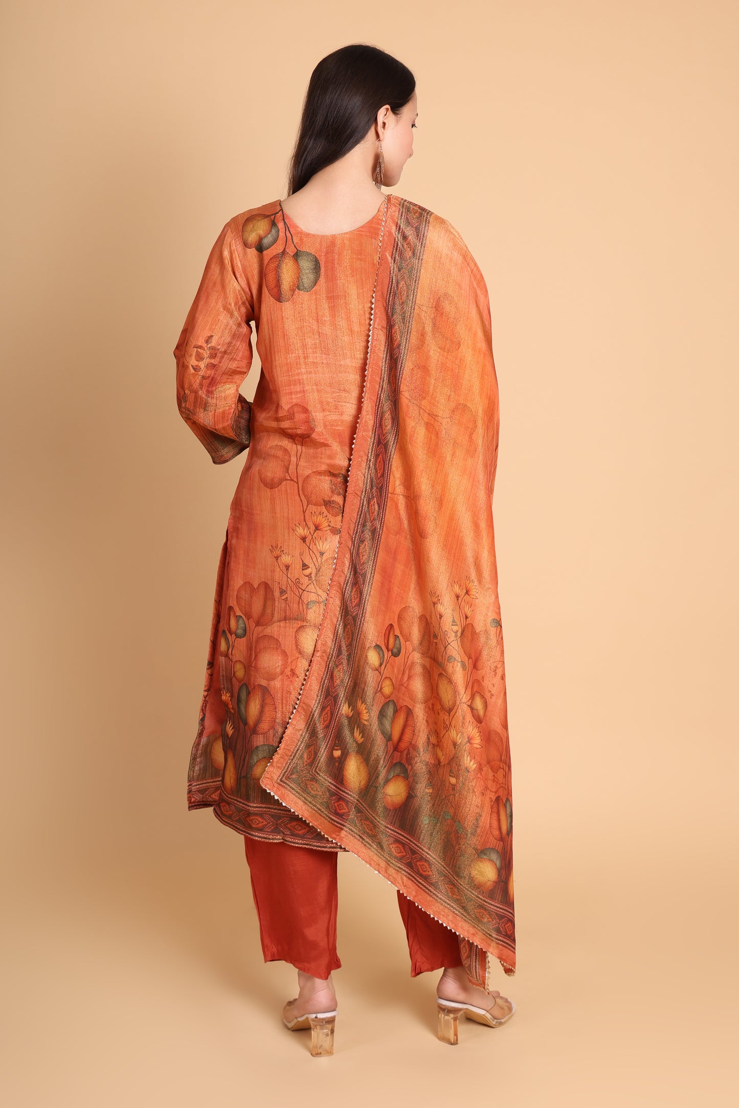 Tissue Embroidered Kurta Set with Printed Dupatta – Rust