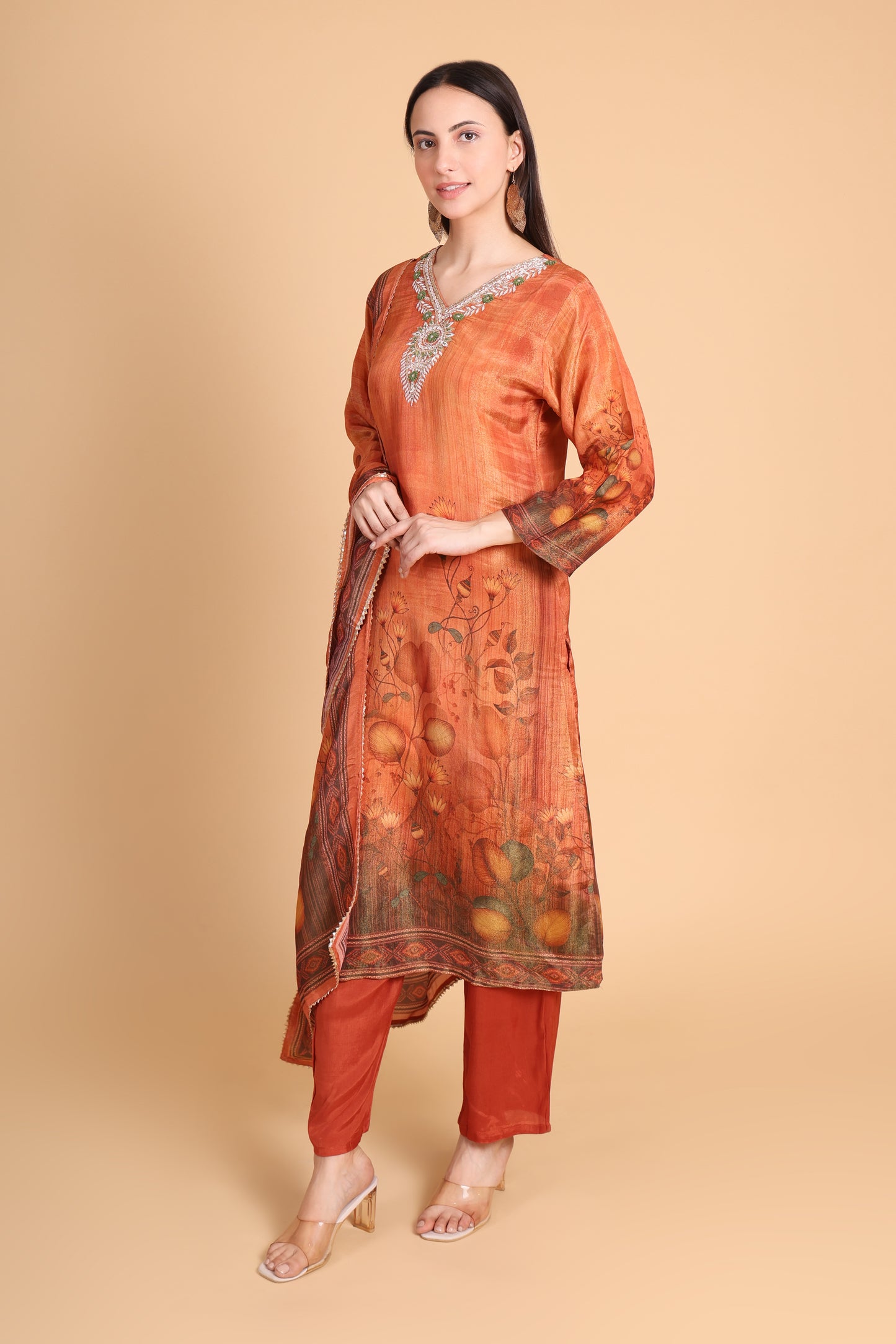 Tissue Embroidered Kurta Set with Printed Dupatta – Rust