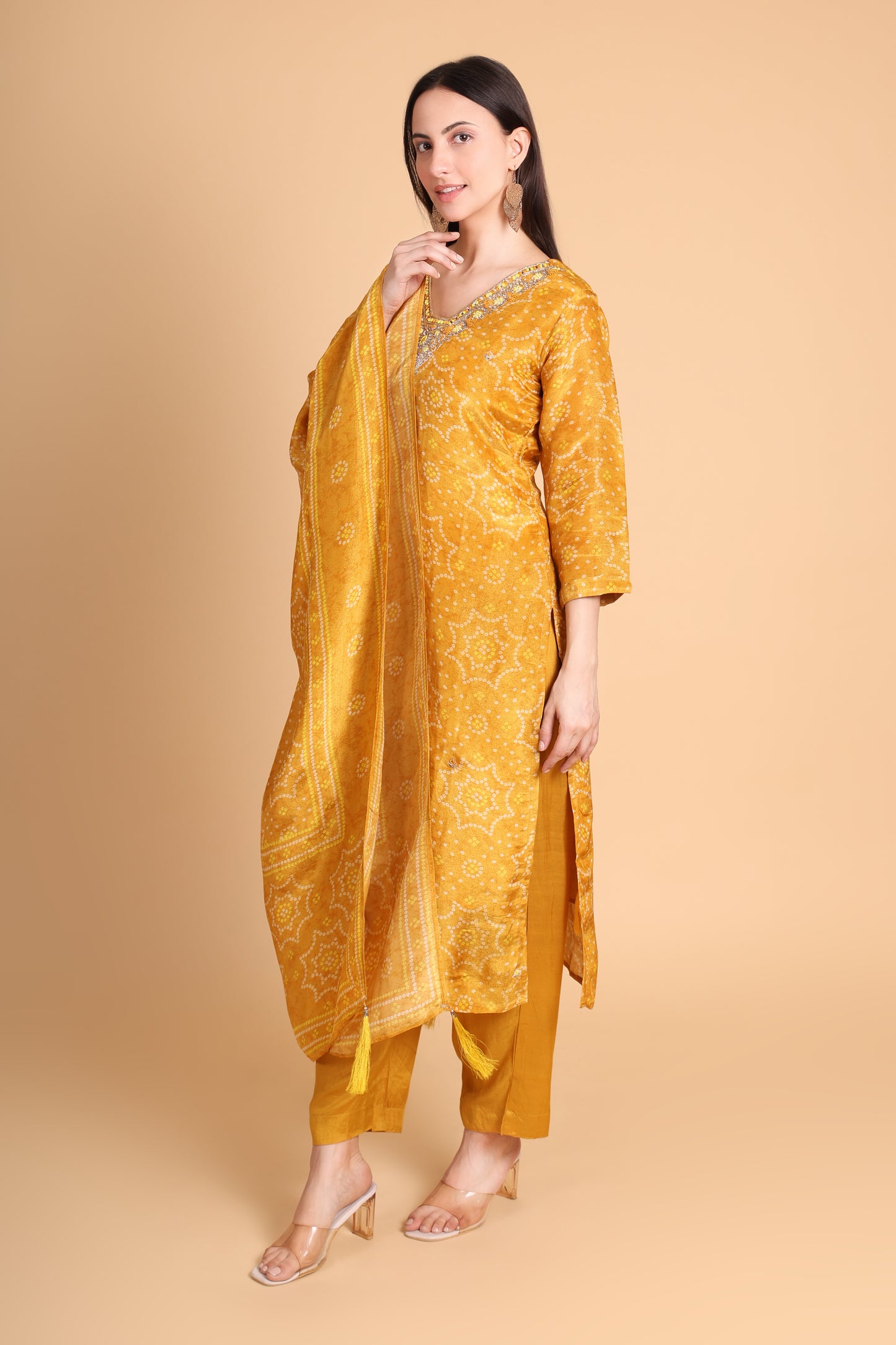 Mustard Tissue Bandhani Kurta Set with Dupatta
