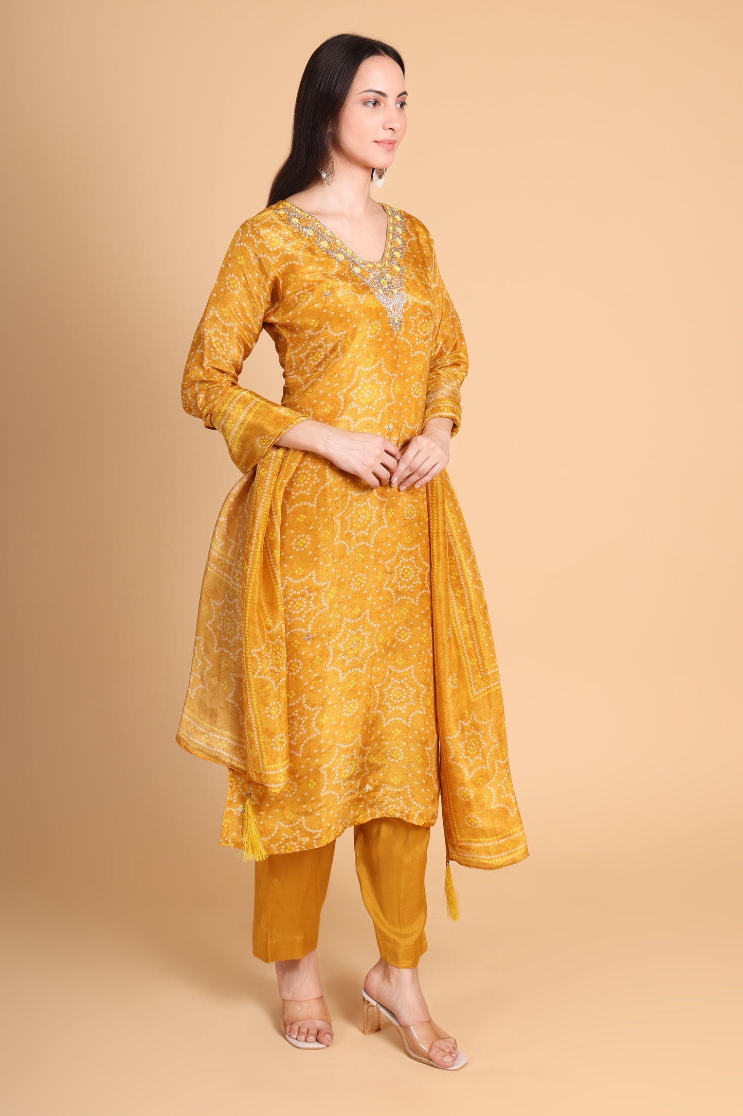 Mustard Tissue Bandhani Kurta Set with Dupatta
