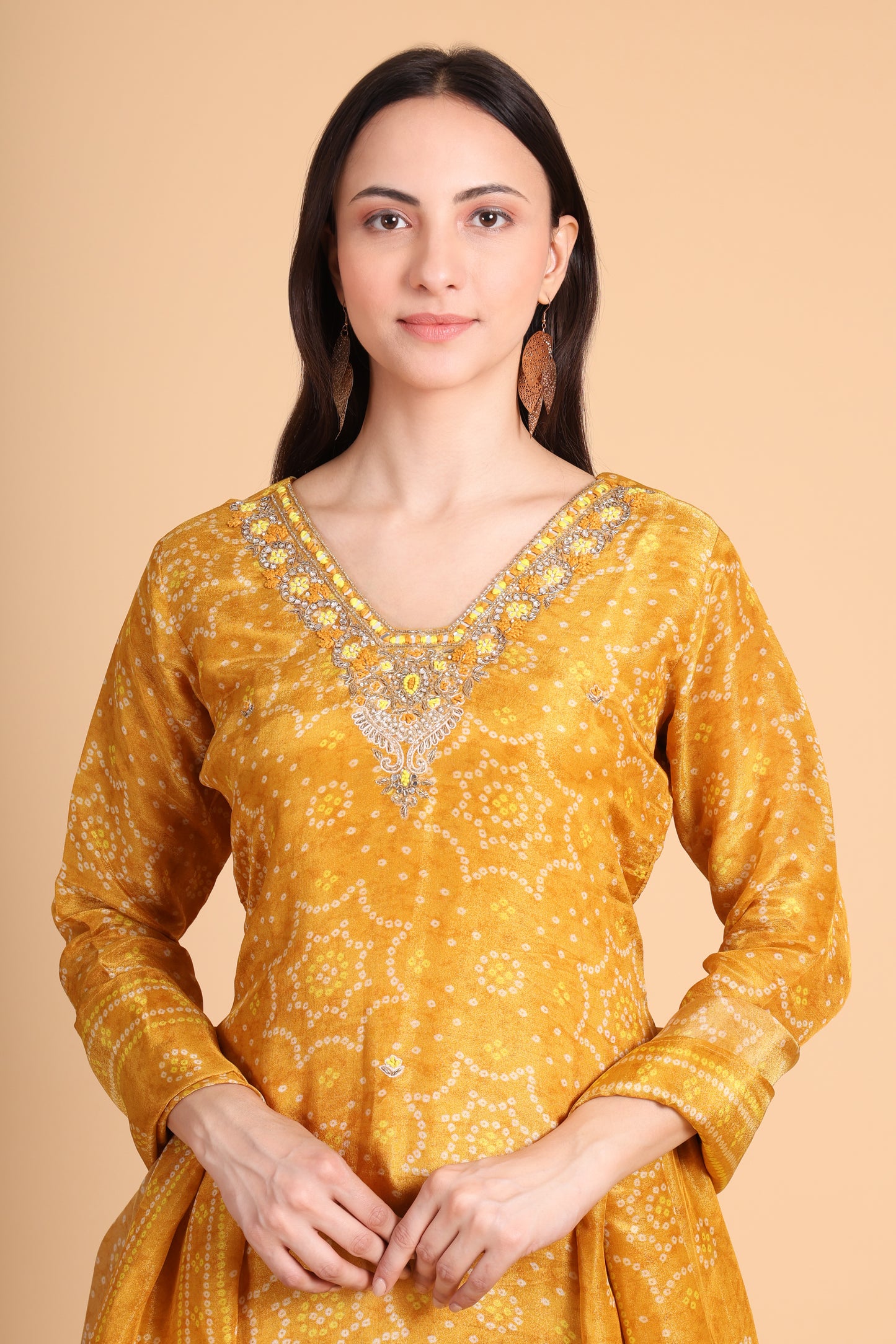 Mustard Tissue Bandhani Kurta Set with Dupatta