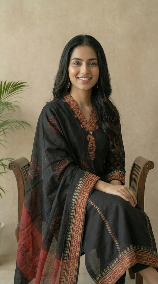 Black Pure Cotton Kurta Set with Printed Dupatta