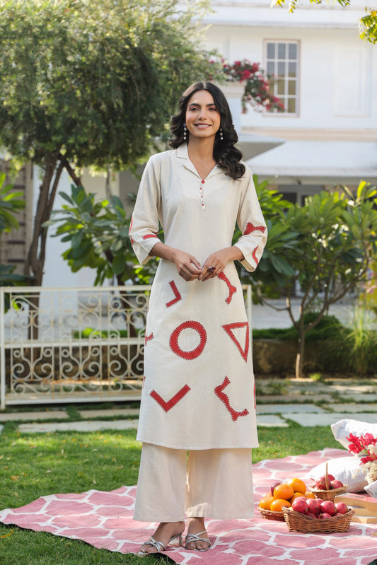 Off White Solid Khadi Cotton Palazzo Suit Set