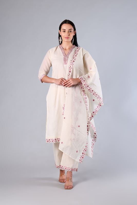 Ruhika | White Embroidered Cotton Suit Set