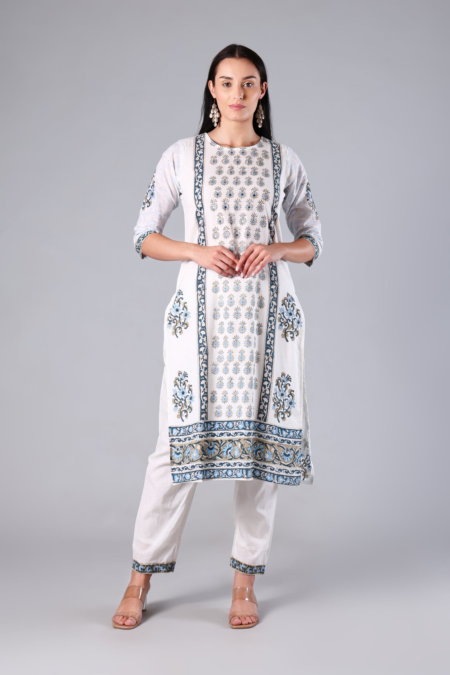 Arohi | White Block Print Cotton Suit Set