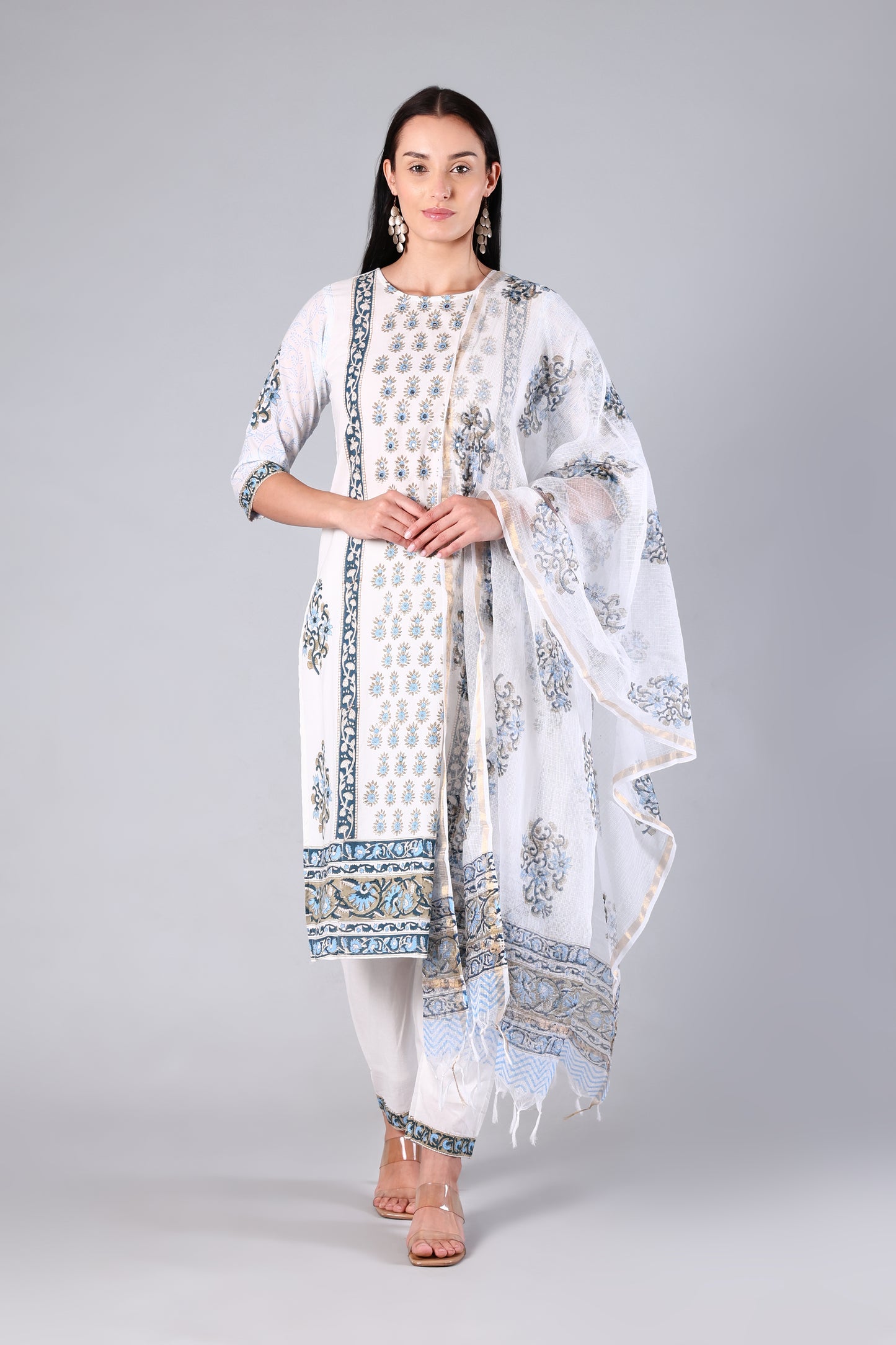 Arohi | White Block Print Cotton Suit Set