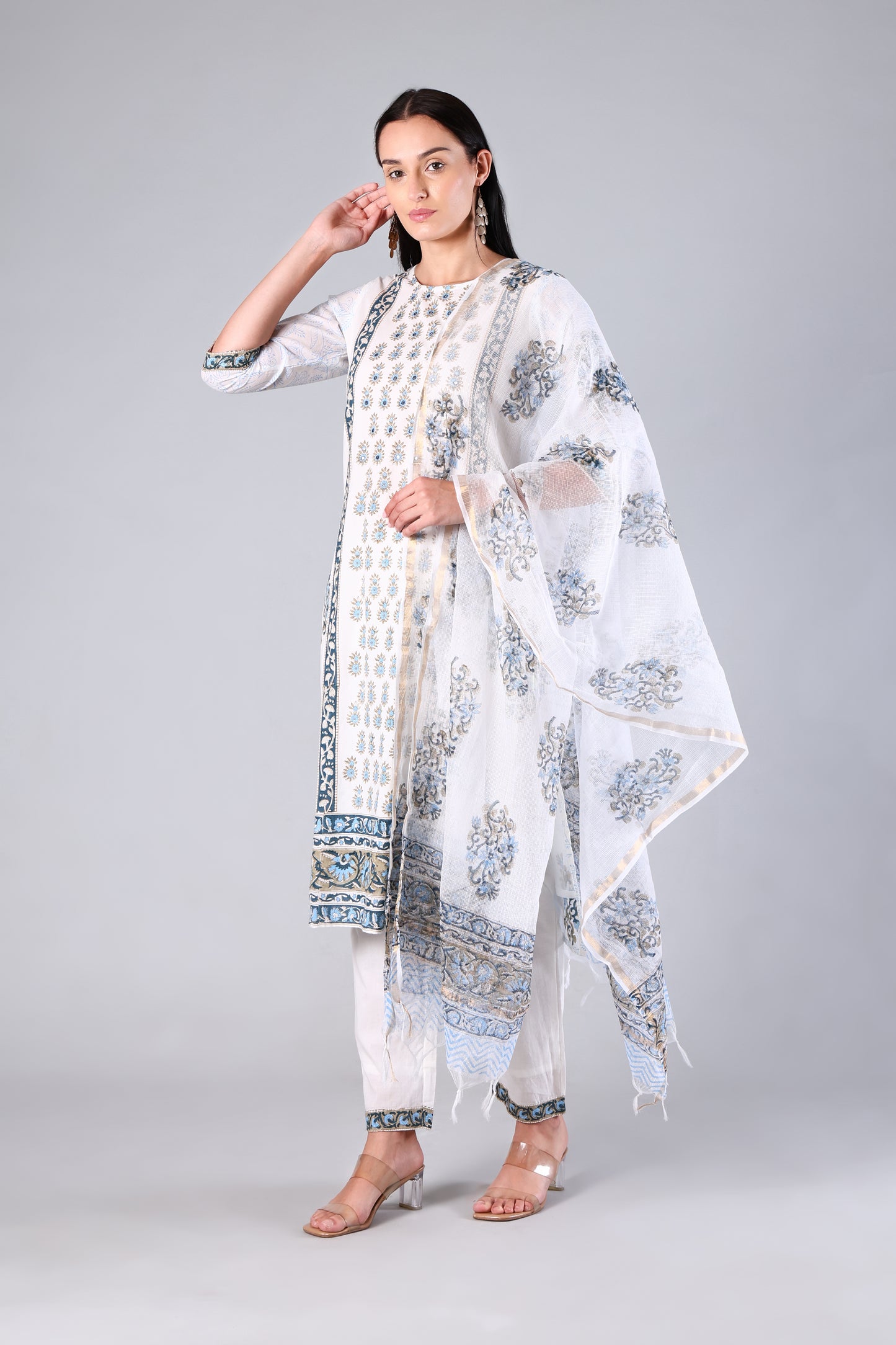 Arohi | White Block Print Cotton Suit Set