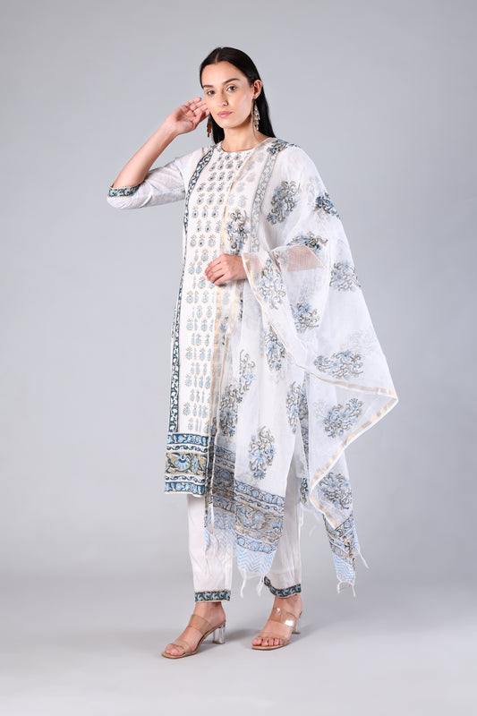 Arohi | White Block Print Cotton Suit Set