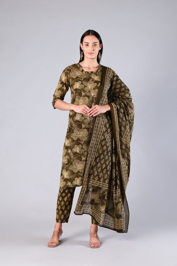 Avira | Green Floral Cotton Suit Set