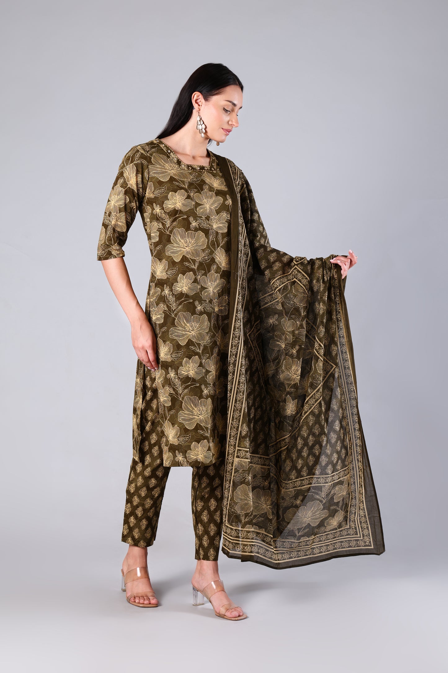 Avira | Green Rust Floral Cotton Suit Set