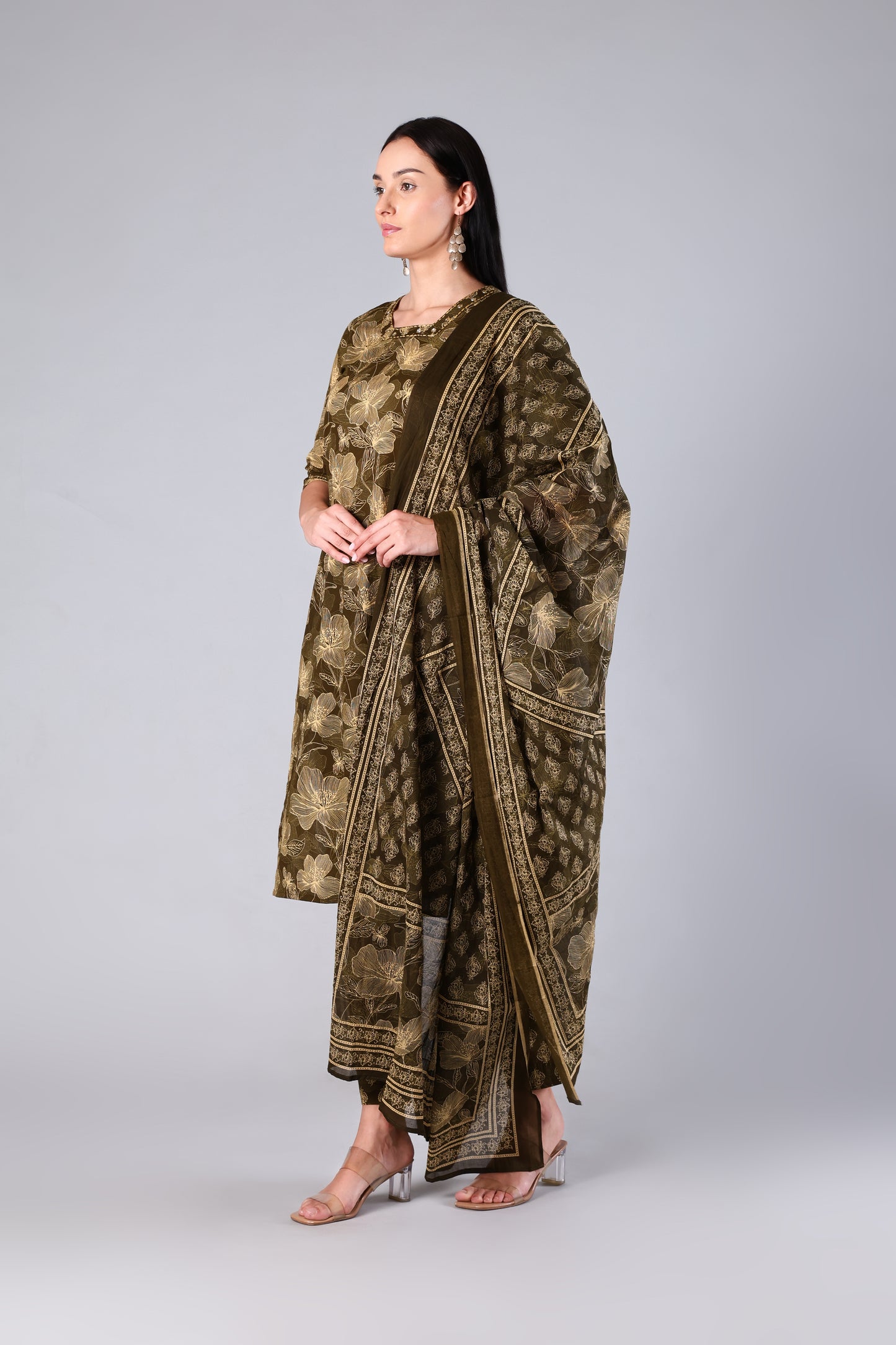 Avira | Green Rust Floral Cotton Suit Set