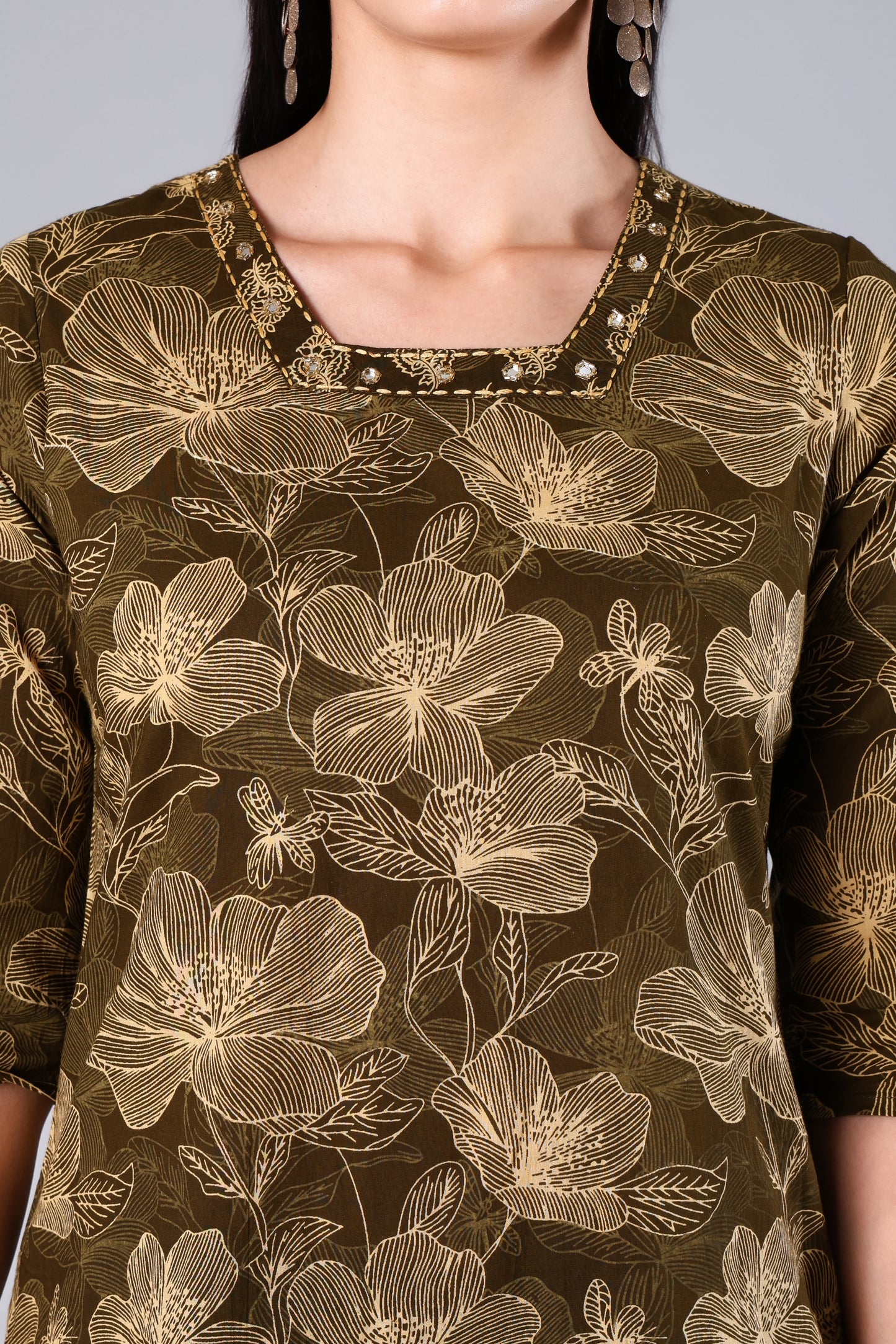 Avira | Green Rust Floral Cotton Suit Set