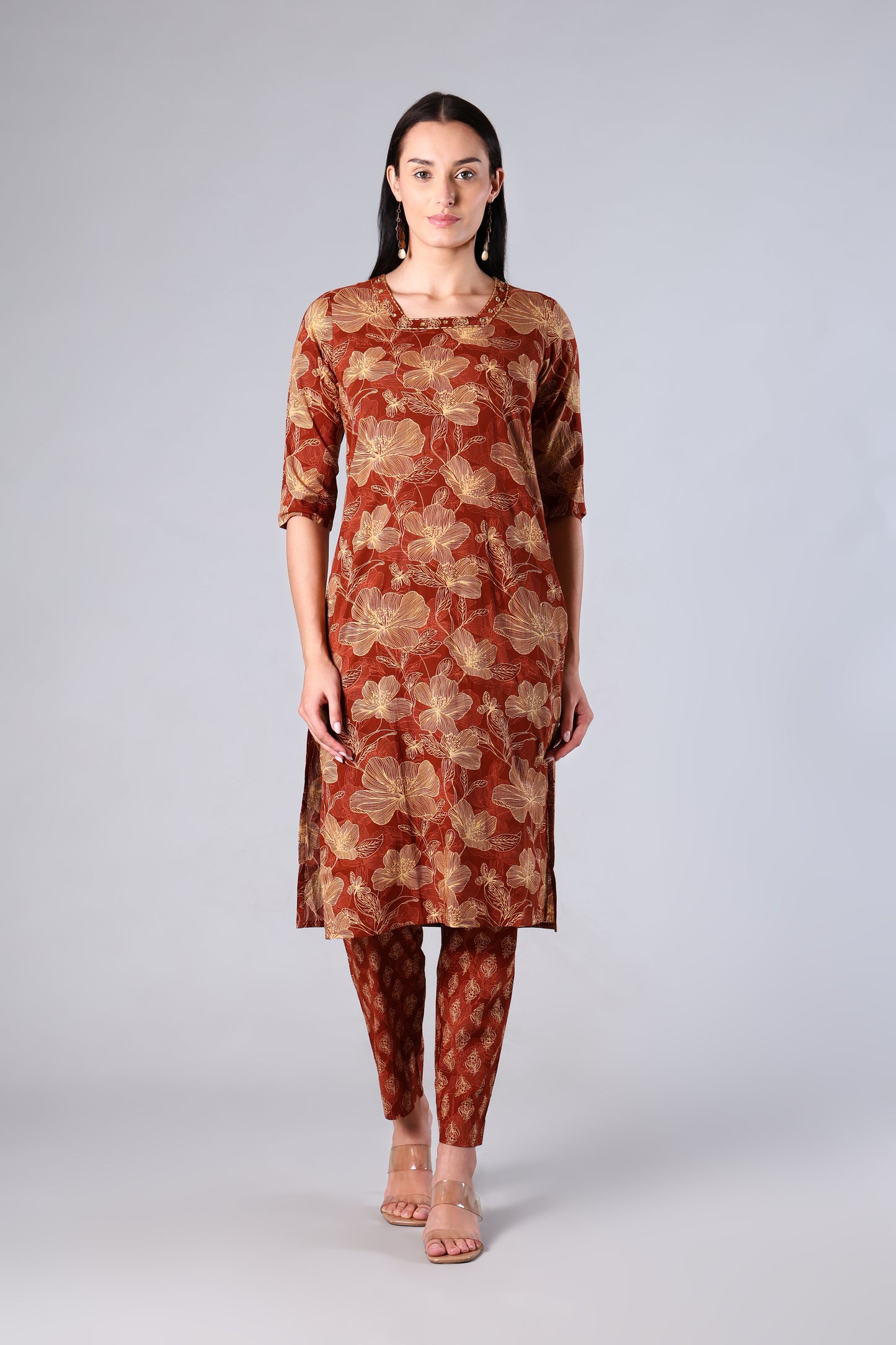 Avira | Green Rust Floral Cotton Suit Set