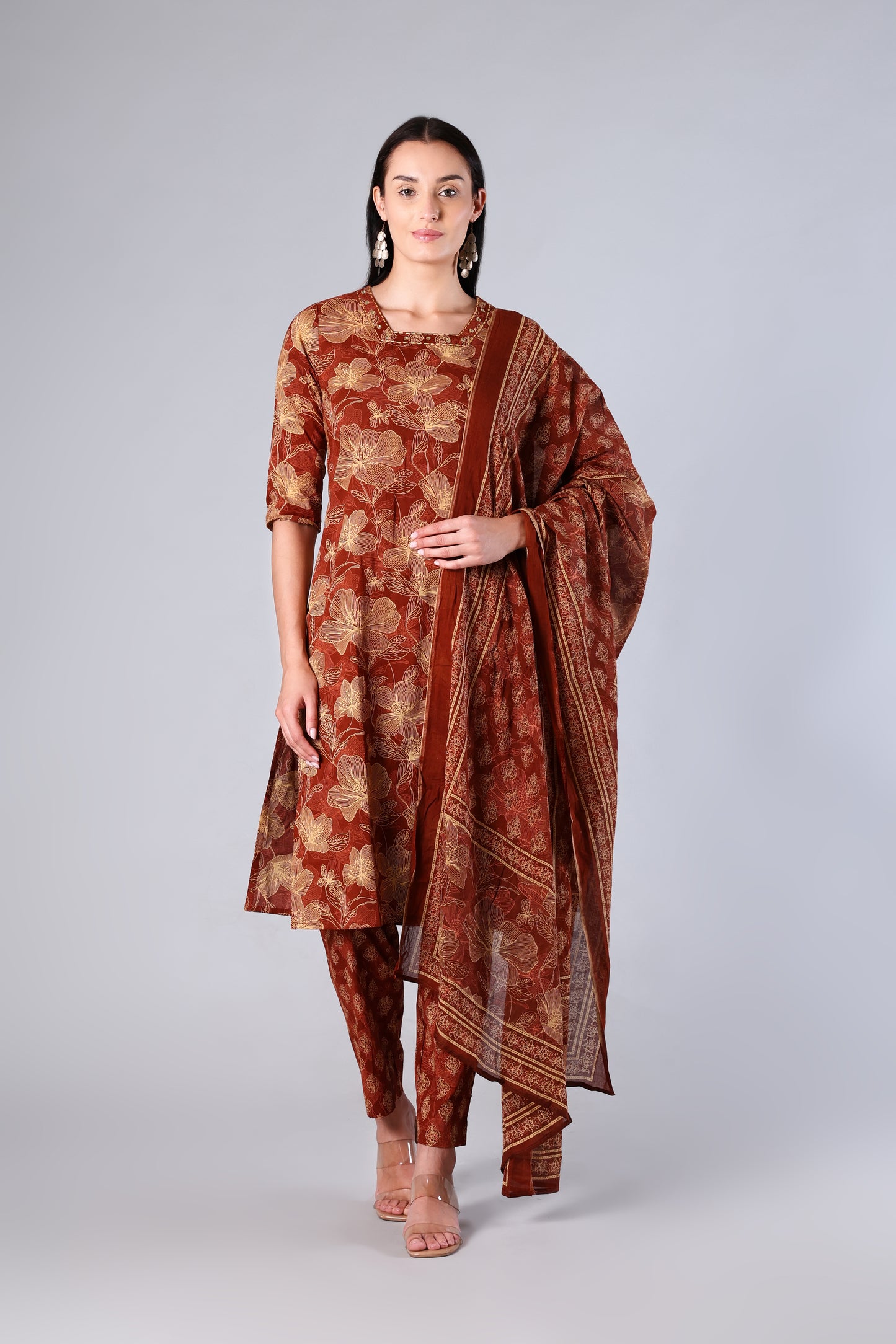 Avira | Green Rust Floral Cotton Suit Set
