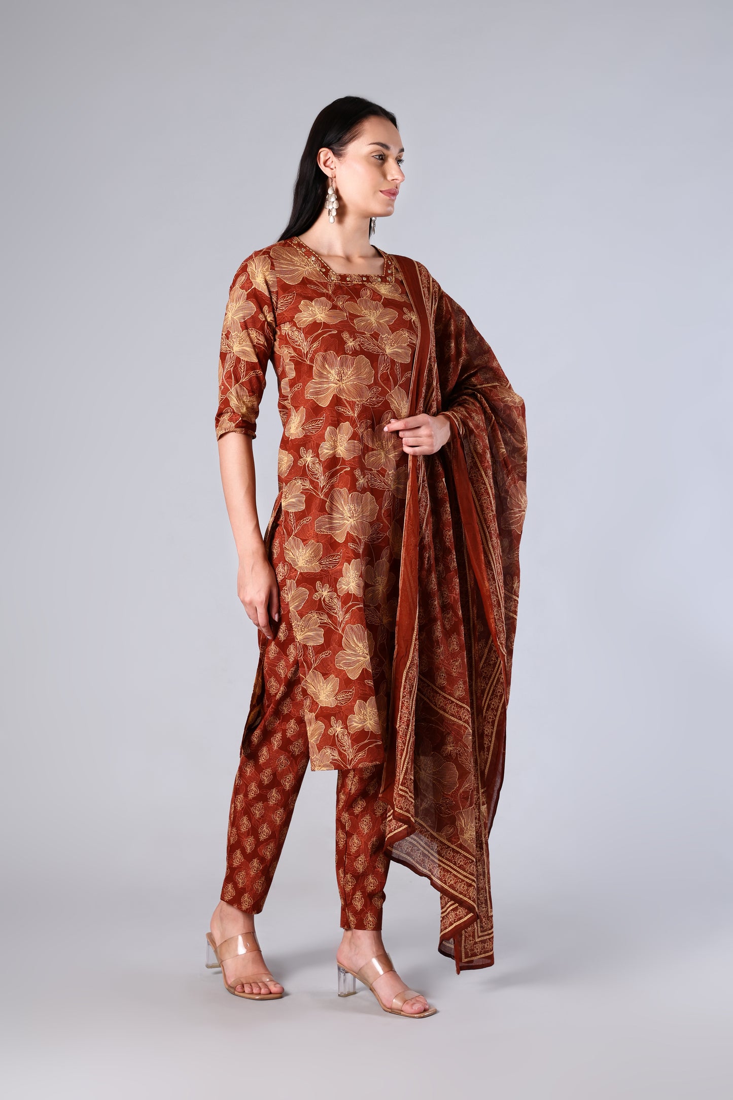 Avira | Green Rust Floral Cotton Suit Set
