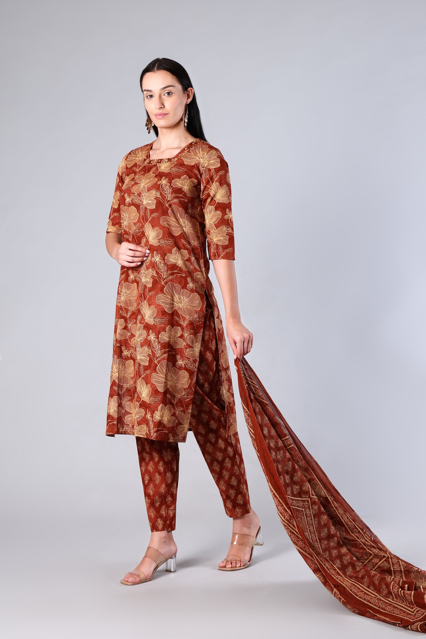 Avira | Green Rust Floral Cotton Suit Set