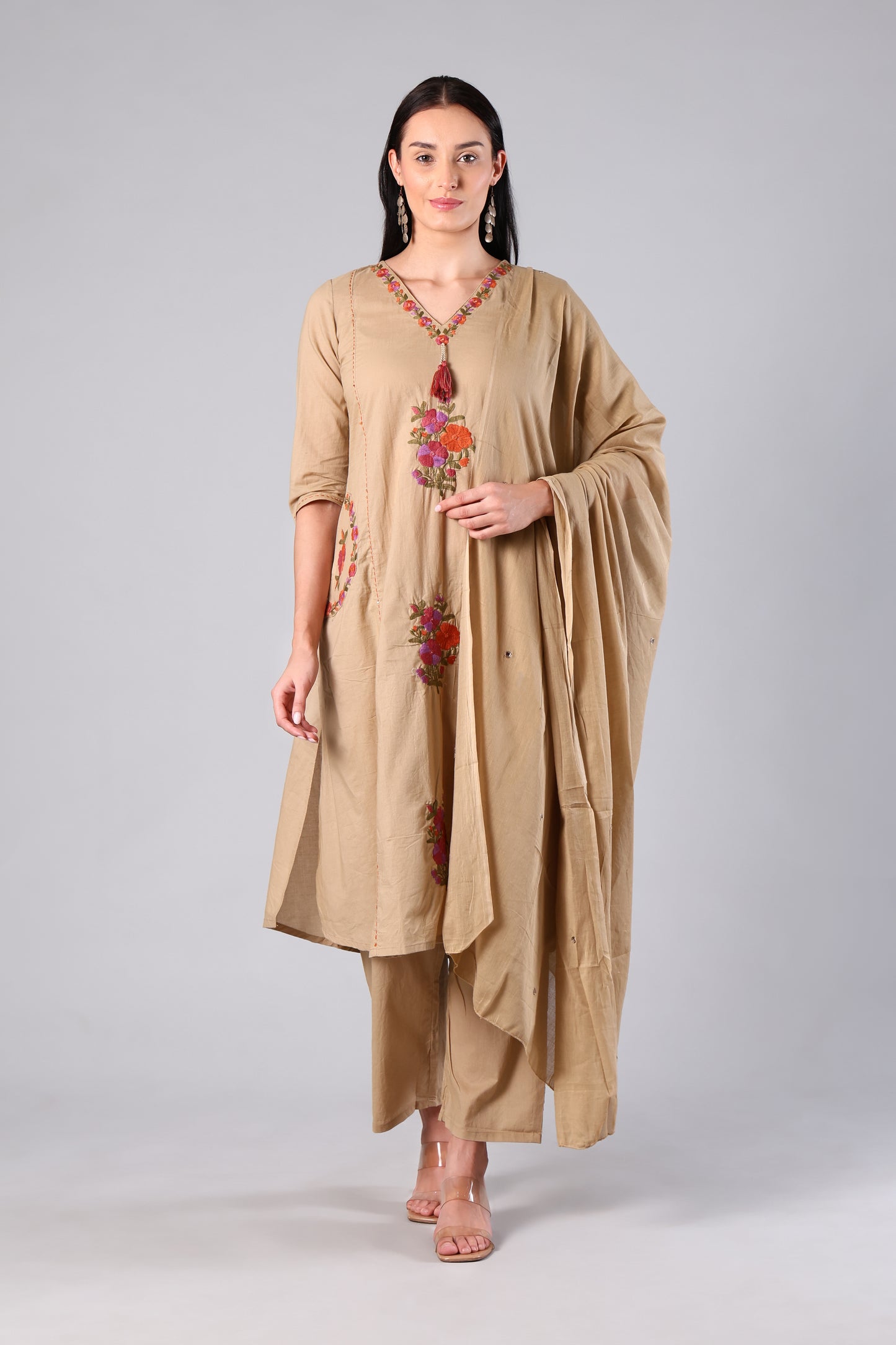 Neysa | Beige Embroidered Cotton Suit Set
