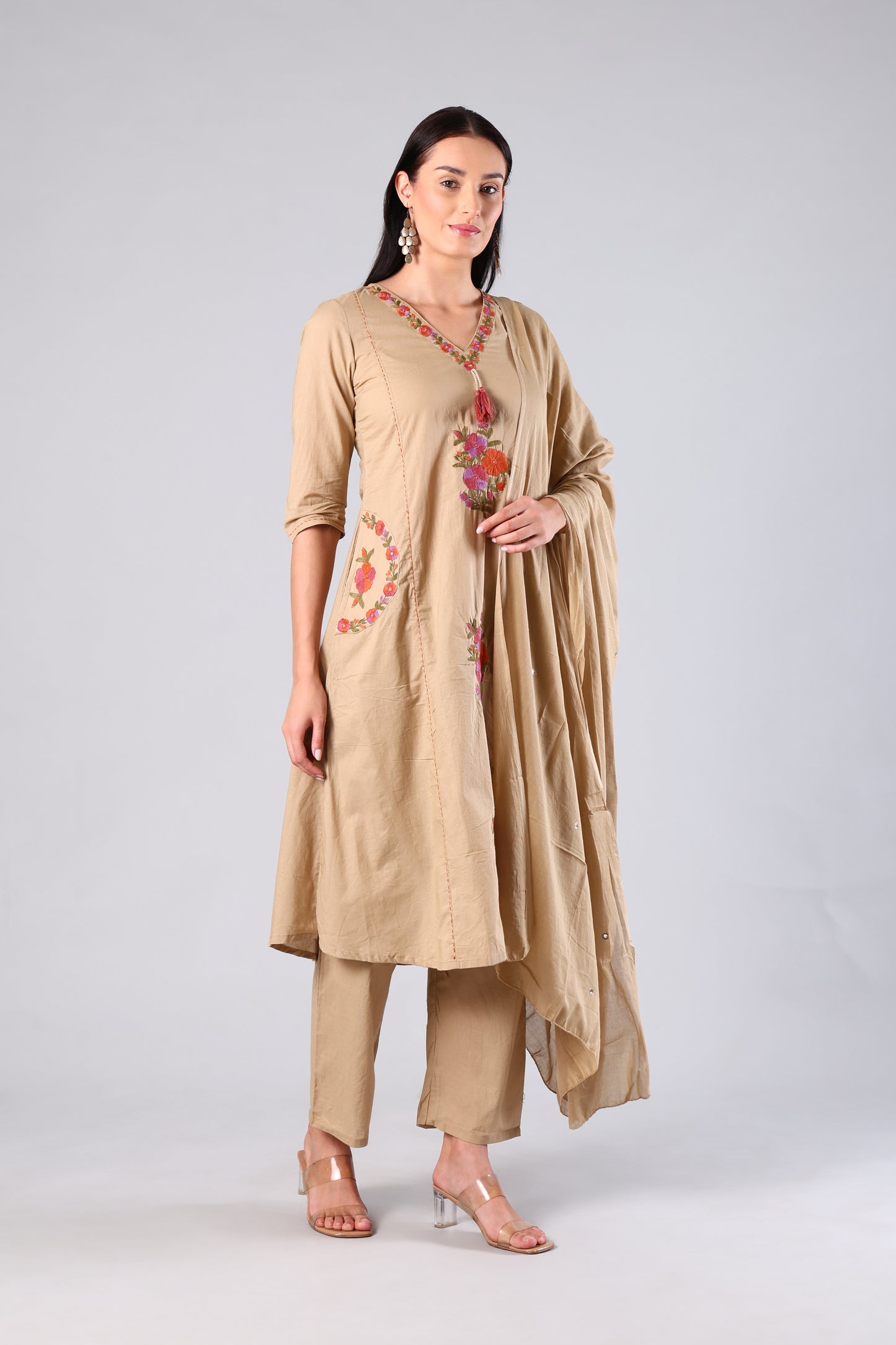 Neysa | Beige Embroidered Cotton Suit Set