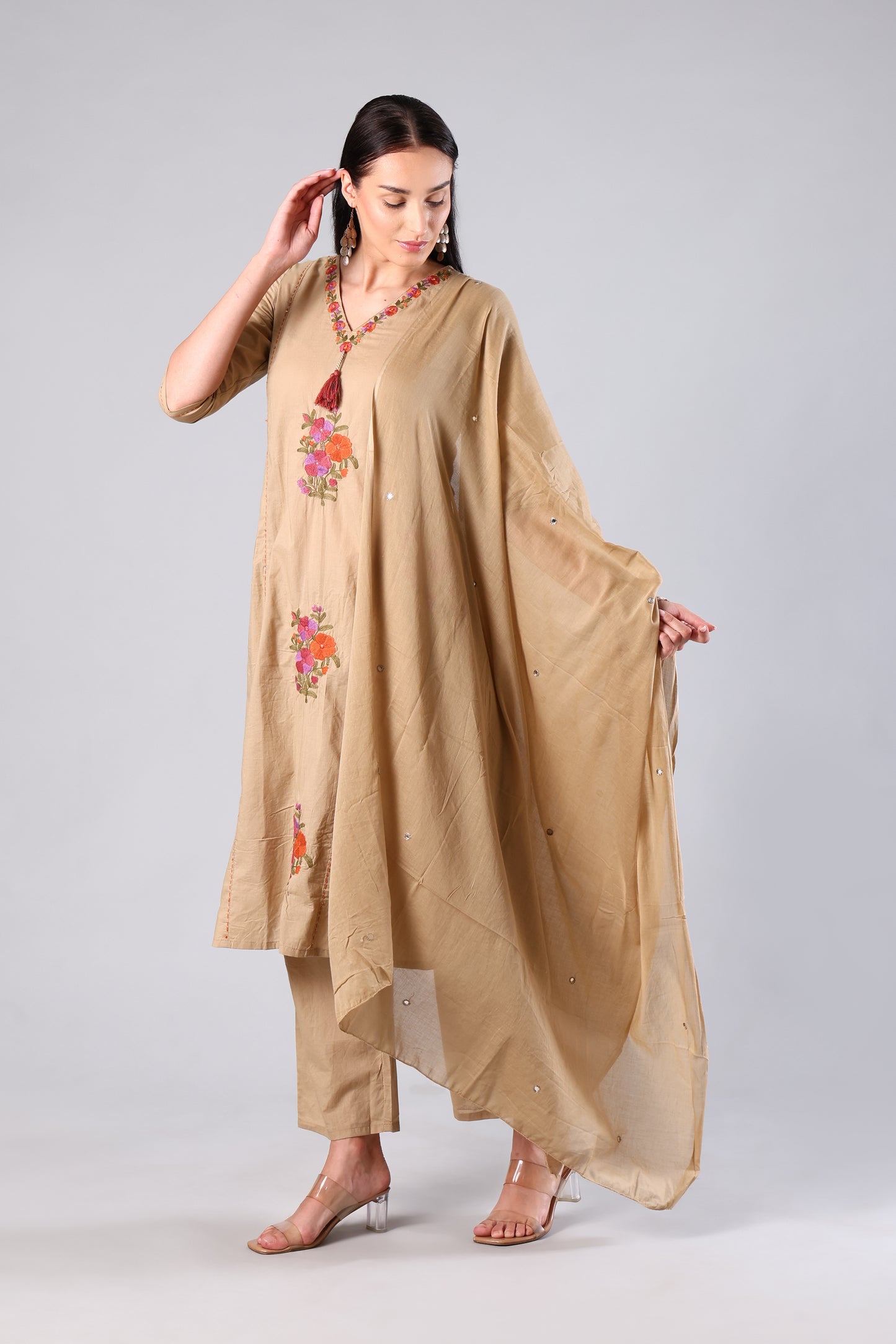 Neysa | Beige Embroidered Cotton Suit Set