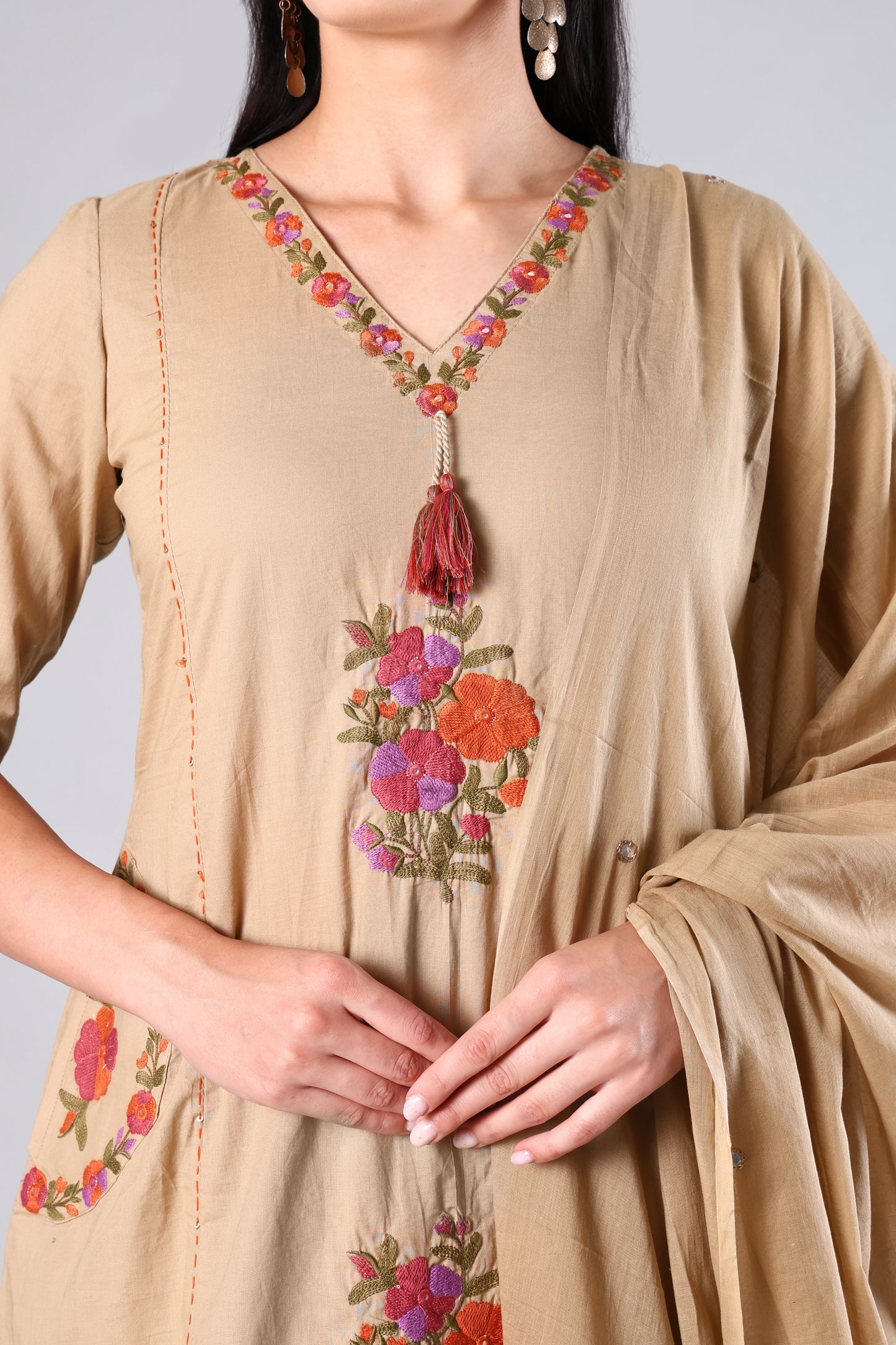 Neysa | Beige Embroidered Cotton Suit Set