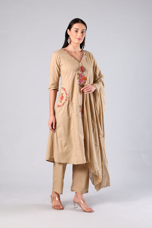 Neysa | Beige Embroidered Cotton Suit Set