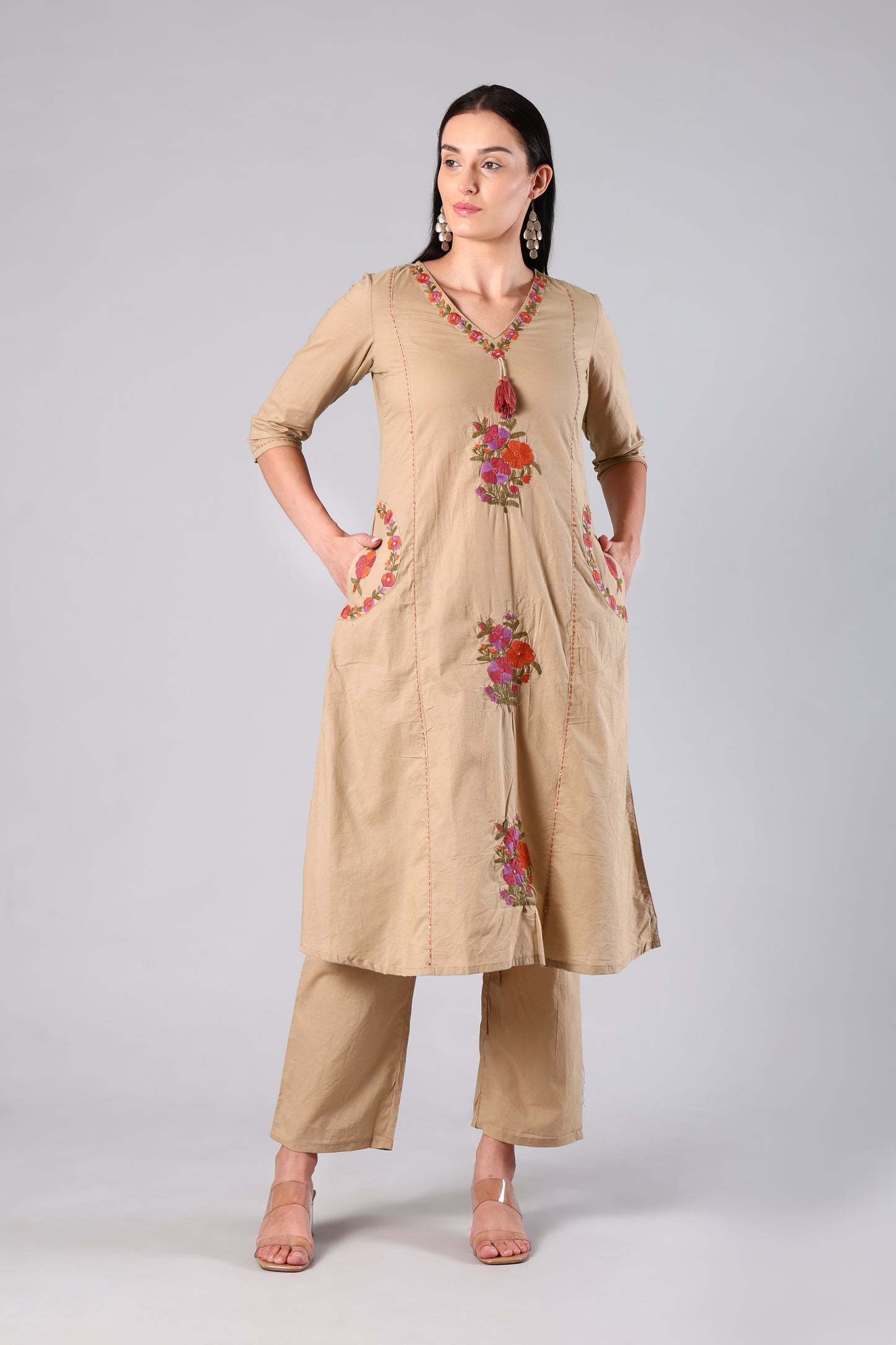 Neysa | Beige Embroidered Cotton Suit Set