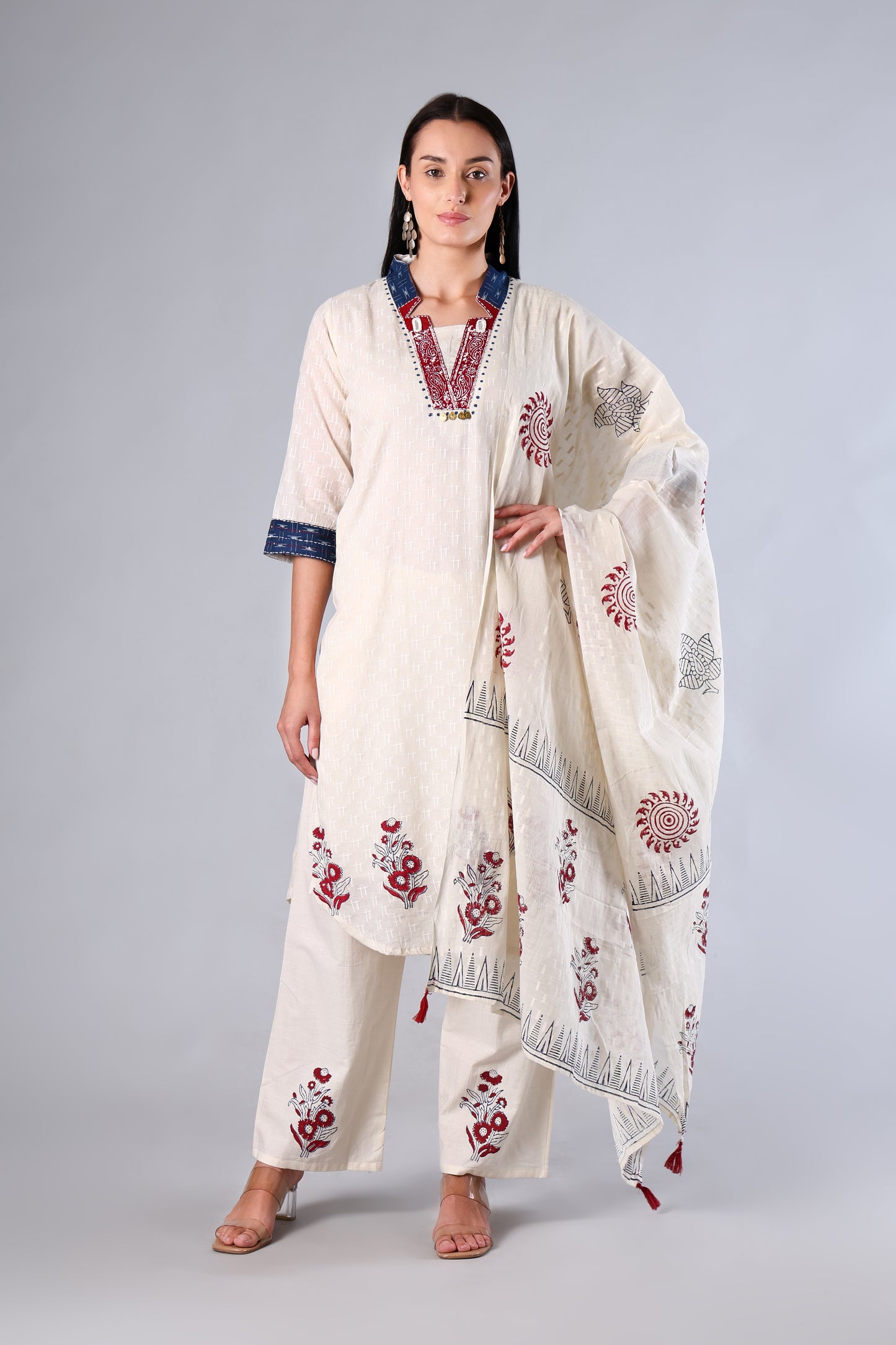 Tanishka | White Block Print Cotton Suit Set