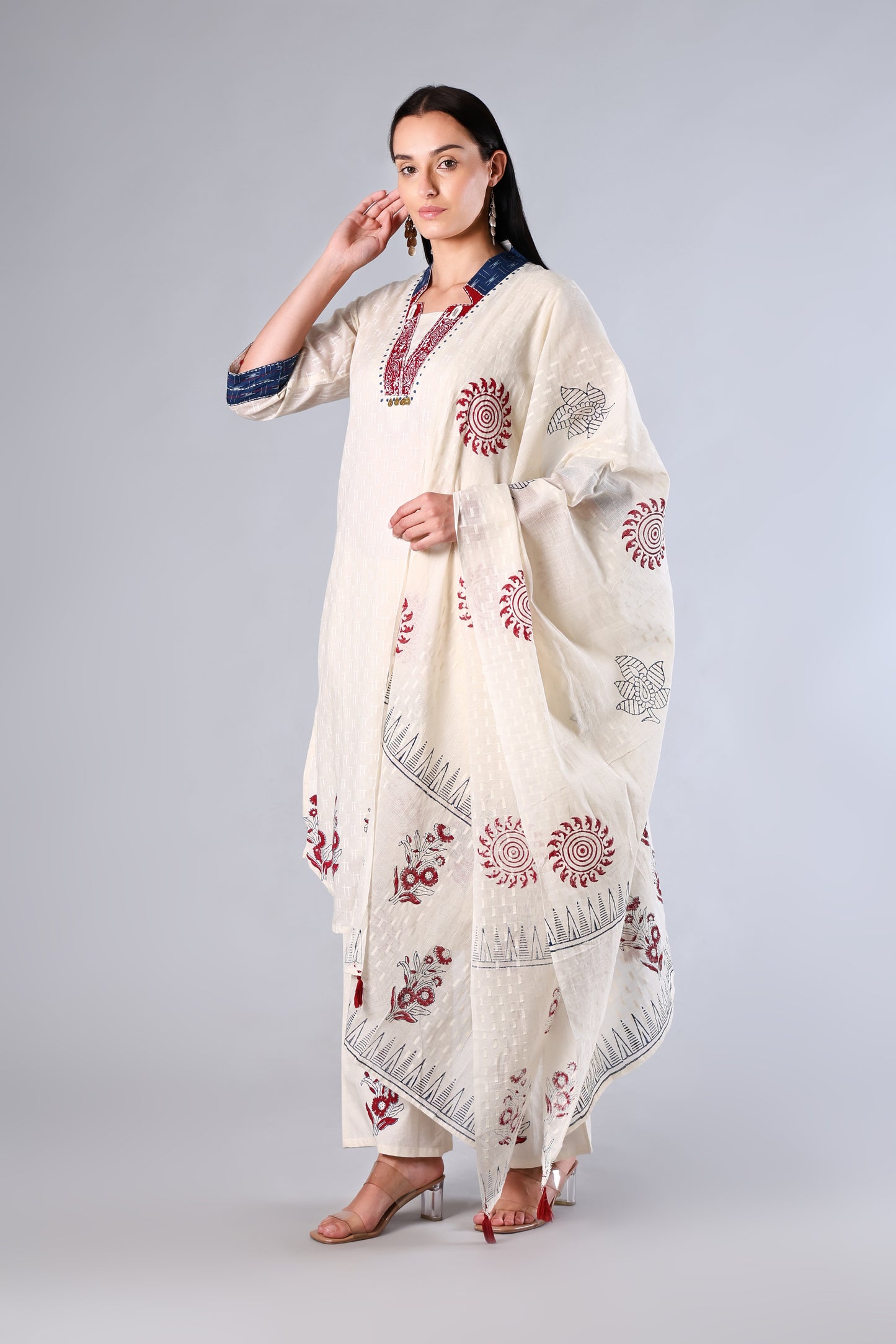 Tanishka | White Block Print Cotton Suit Set