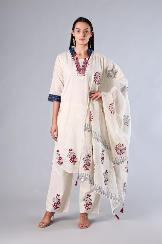 Tanishka | White Block Print Cotton Suit Set