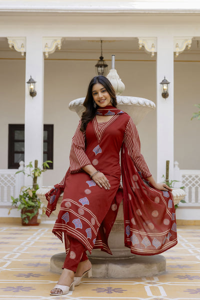 Maroon Block Straight Pant Suit Set with Border Patch