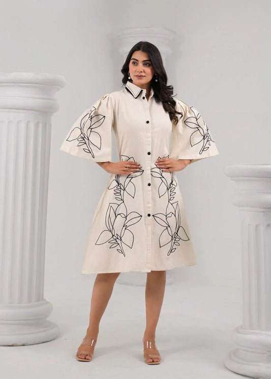 Off White Floral A-Line Khaadi Cotton Dress