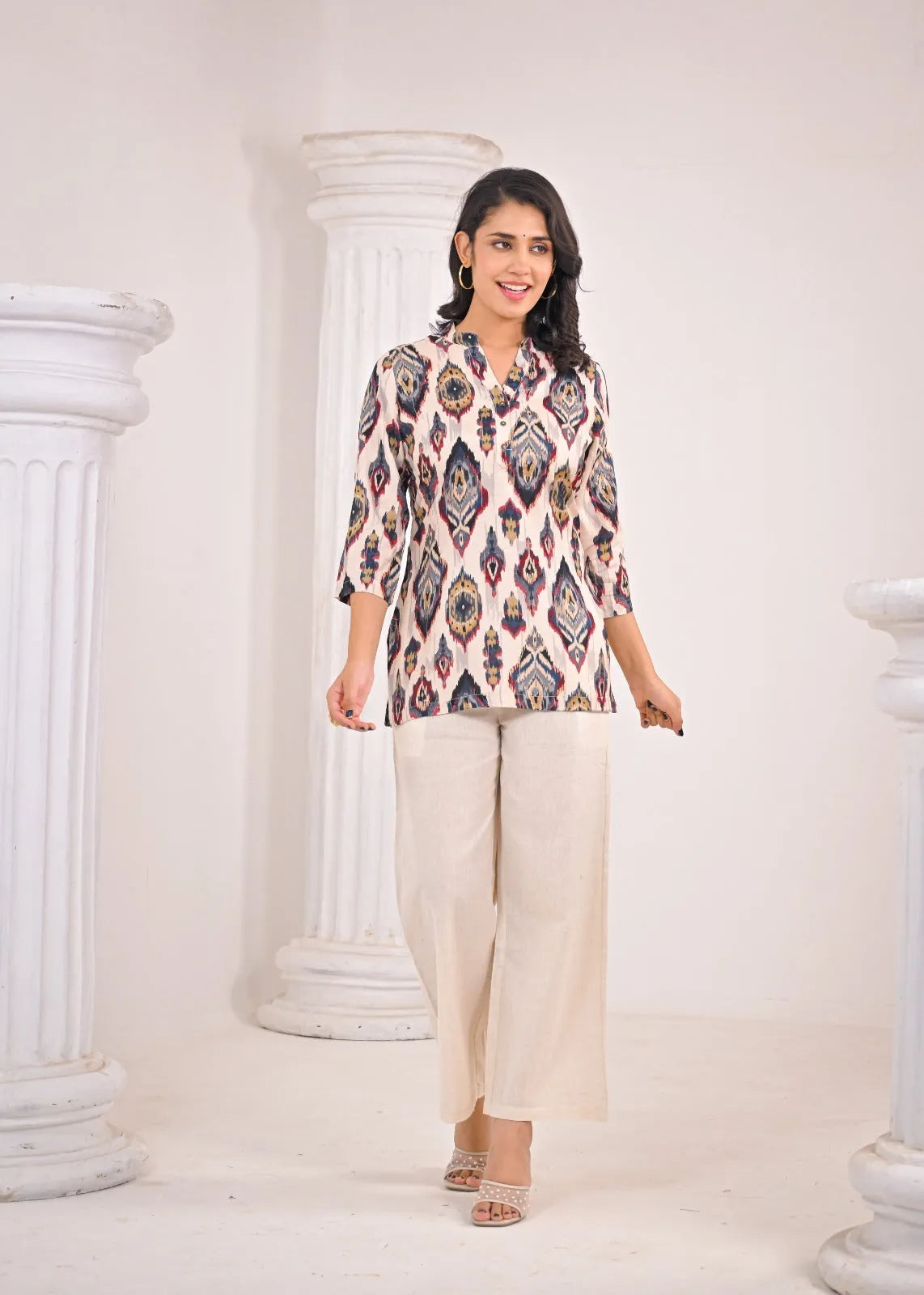 Beige Ikat Rayon Short Kurti