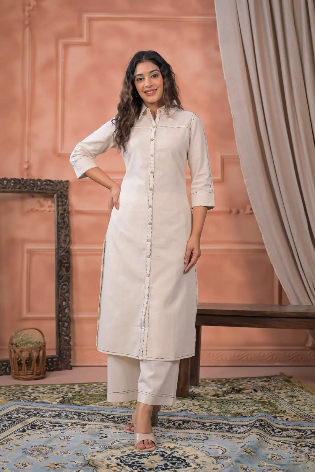 Off White Solid Palazzo Co-ord Set with Embroidery