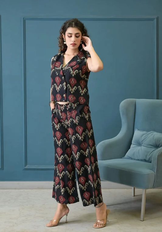 Black Ikat Palazzo Co-ord Set with Double Pocket